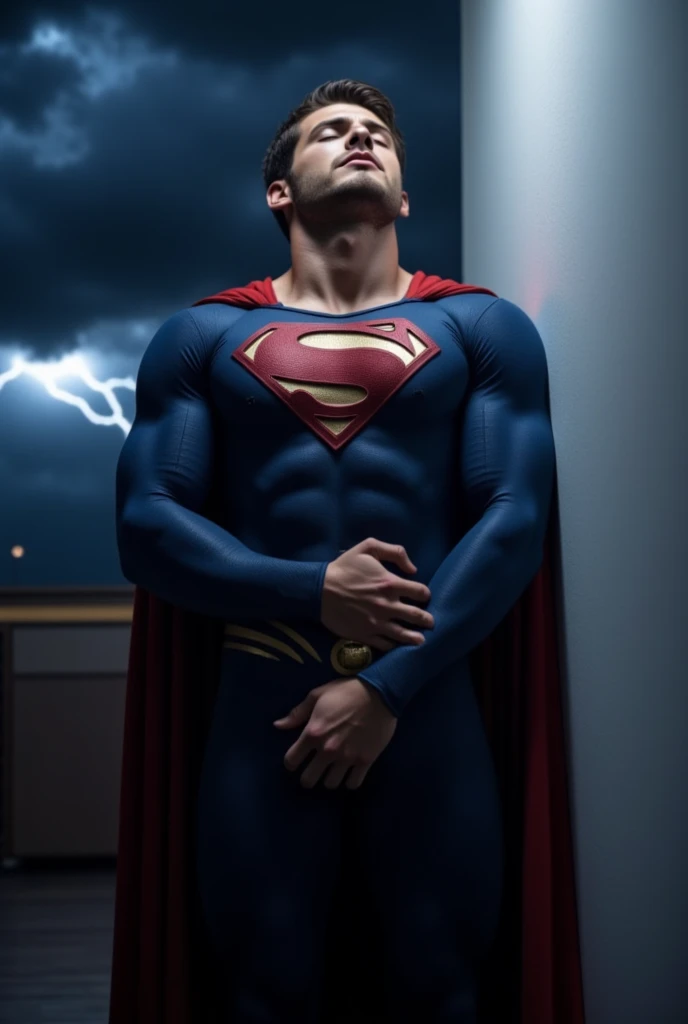 A muscular attractive Cody Christian, dressed in tight blue Superman suit, a red cape falls behind his shoulders, stands against a wall, His facial expression appears pained or exhausted, with an expression of pain, with his head tilted slightly upward and his eyes closed, his hand is placed on his abdomen, suggesting injury. Dark clouds lightning background, night lighting, cinematic and moody, (best quality,4k,8k,highres,masterpiece:1.2),ultra-detailed,(realistic,photorealistic,photo-realistic:1.37),HDR,studio lighting,professional,vivid colors,dramatic lighting