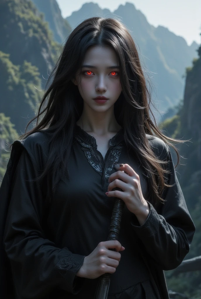 best quality,ultra-detailed,xianxia,death god,beautiful detailed eyes,beautiful detailed lips,extremely detailed eyes and face,flowing long hair,dark and mysterious atmosphere,black cloak,glowing red eyes with a sinister gaze,sword of darkness held tightly in hand,divine aura emanating from the figure,martial arts expert,ancient Chinese setting,misty mountains and waterfalls in the background,wisps of fog floating in the air,dramatic lighting with shadows and highlights,high contrast black and white color scheme,ethereal and otherworldly,profound and powerful presence,thunder and lightning in the distant sky,mythical creatures lurking in the shadows,imposing and intimidating,secrets and mysteries hidden within the scene