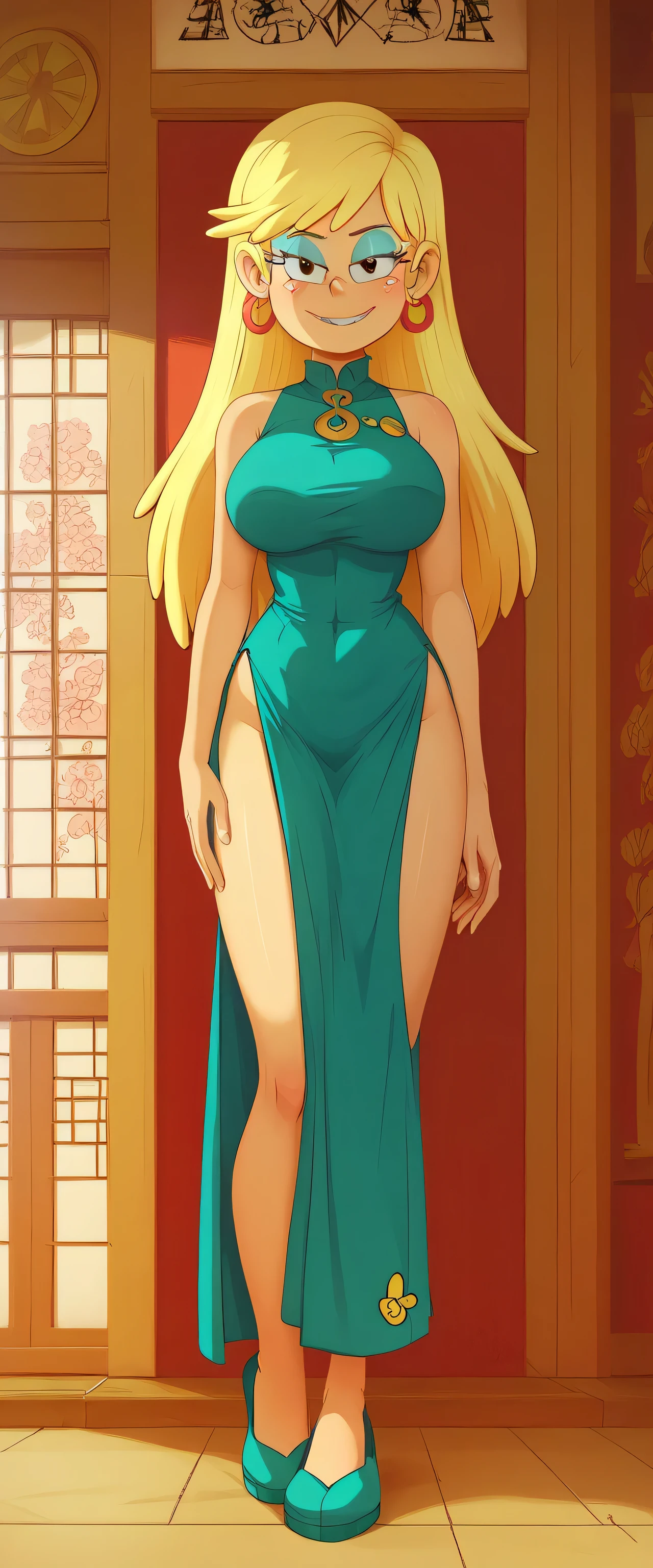 safe_pos, score_9, score_8_up, score_7_up BREAK blonde hair, long hair, earrings, blue eyeshadow, leni loud, the loud house, BREAK large breasts, BREAK looking at you, green cheongsam, inside of a chinese temple, full body view, standing