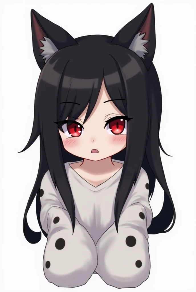 hisha, best work, black pupils, bags under eyes, white hair, red eyes, black hair, wolf ears, wolf tail, tank top, face focus,, blush, nervous, closed mouth, bandaid on cheek, bandages