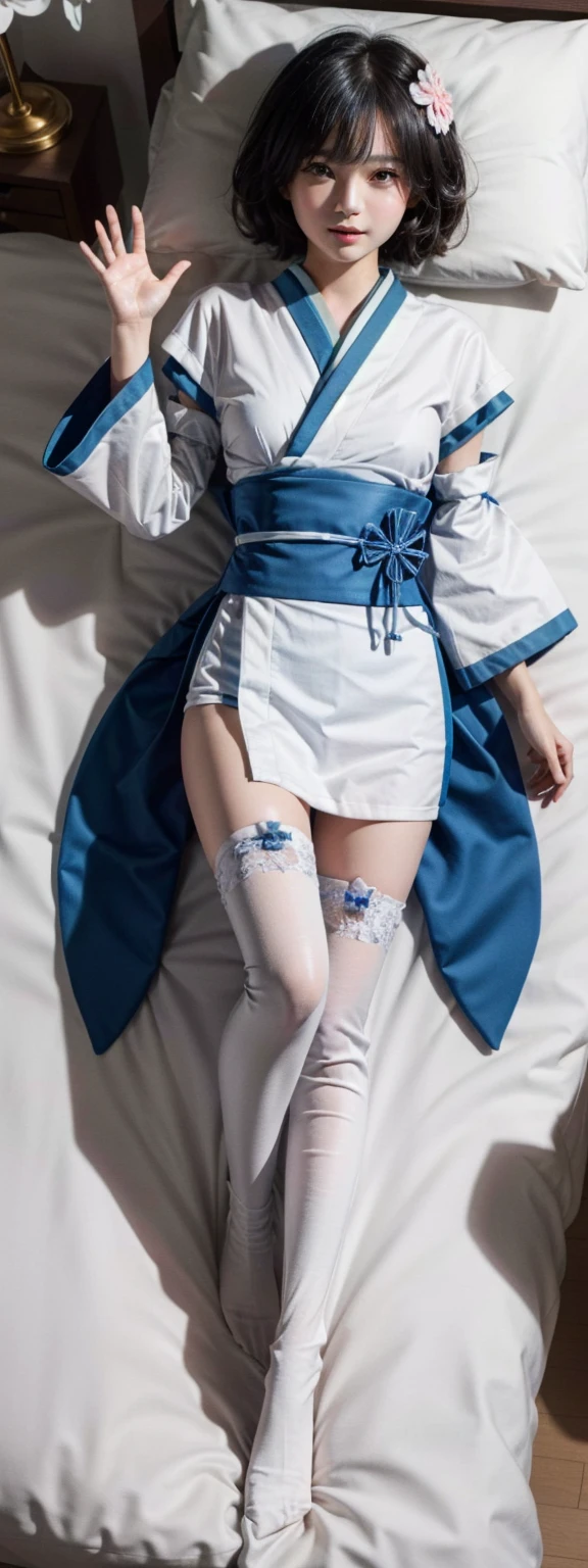 masterpiece, best quality, highres, bbrem, short hair, x hair ornament, japanese clothes, white kimono, short kimono, detached sleeves, wide sleeves, sash, white thighhighs, aged down, <lora:rem_v1:0.8>, waving, smile, open mouth, sittingminiskirt, thigh gap, bedroom, on bed, 1girl, looking at viewer, (lying, on back:1.3), from above, full body, (Masterpiece:1.2), (Best Quality), (perfect face), full body portrait, perfect skin, (detailed body:1.3), (detailed face:1.2), (rendered eyes:1.3),