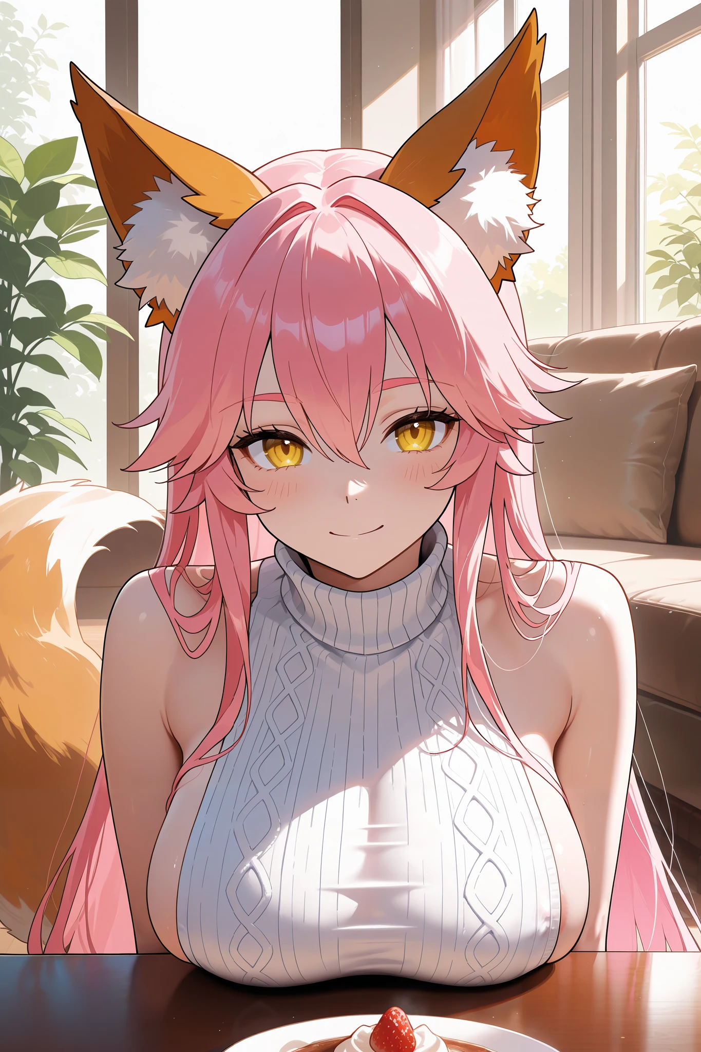NSFW,masterpiece, top quality, high definition, very detailed,Tamamo、 pink hair、 hair between eyes 、 side lock、 short twin tail 、 yellow eyes、 Beast Ears、Fox Ears、 Fox Tail ,Married Woman, turtleneck sweater, sleeveless,Sideboob, living room , DINING TABLE,Seduce
