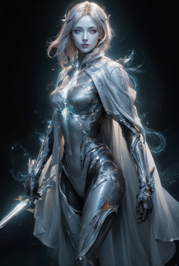 Warframe, a luminescent guardian, stands resolute against the dark expanse. Adorned in an intricate suit of silver armor, infused with ethereal energy, she embodies a fusion of strength and elegance. The armor's metallic plates shimmer with a soft, blue light, as if the very fabric of the suit is alive and pulsing with an otherworldly power.

A flowing white cape, embroidered with intricate circuitry, billows behind her, a testament to her unwavering dedication to her craft. Her face, a mask of serenity, is set in a determined expression, as if she has gazed into the very depths of the void and emerged unscathed.

In her hand, a radiant sword gleams with an intense, crystalline light, its blade a focal point for the energy that courses through her armor. The Warframe's eyes, pools of deep, unyielding resolve, seem to bore into the very soul of the darkness, a challenge to the shadows to come forth and test her mettle.

As she stands, a beacon of hope in a desolate universe, the Warframe embodies the unyielding spirit of a warrior, a shining exemplar of courage and determination in the face of overwhelming adversity.