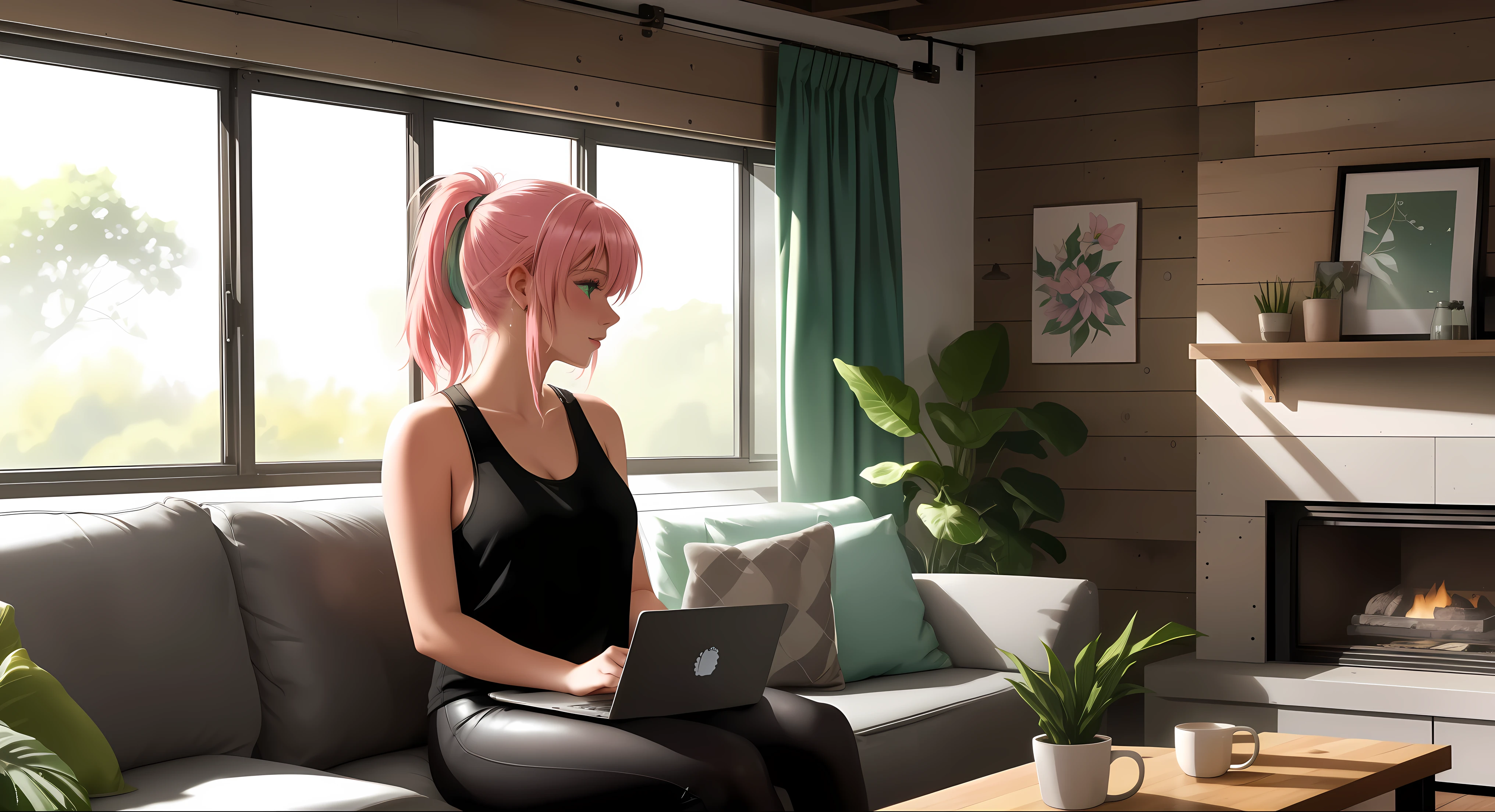 "A woman with pastel green and pink hair styled in loose waves sits in a rustic living room, typing on her laptop at a wooden dining table. She wears a black tank top and light denim shorts, her bare feet resting on a woven rug. The sunlight streams through a set of vintage windows with wooden frames, illuminating the warm tones of the exposed brick wall and the handmade pottery on a nearby shelf. A steaming mug of coffee sits beside her laptop, completing the cozy scene."
