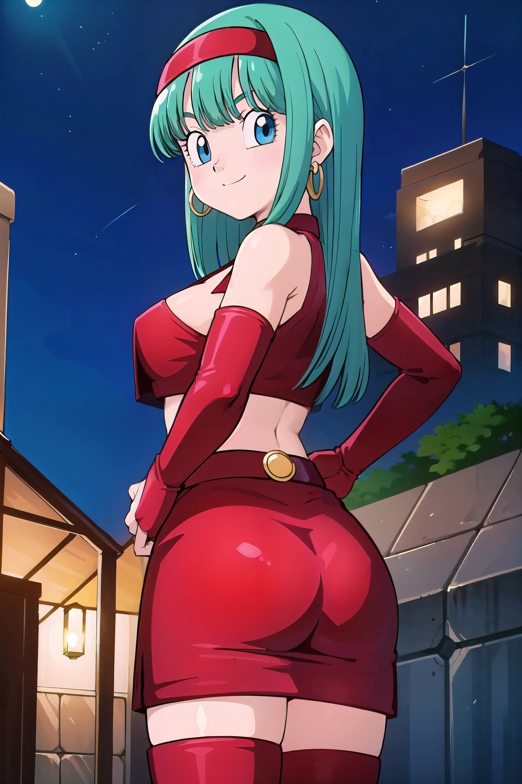 masterpiece,
bulla, aqua hair, blue eyes, hoop earrings, 
((black ballroom dress)), 
city, moonlight, night sky, street, gold choker, bare shoulders, red leather crop top, midriff, belt, red elbow gloves, red leather skirt, red thigh boots red tiara, sexy pose, blushed, smile, big boobs, big ass, cintura grande, olhar de safada, adolecente, piscando o olho, fazendo coração com os dois dedos 