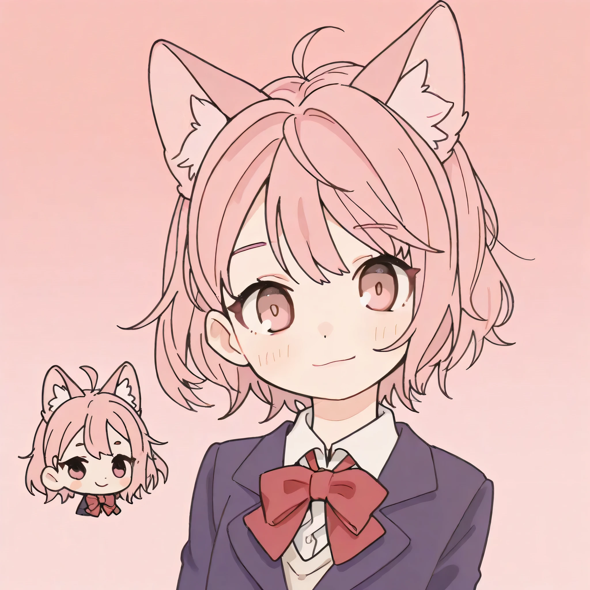 chibi, score_9, score_8_above, score_7_above, source_anime, INTERVAL
1girl, Alone, looking at viewer, gradient background, above body, light smile,
Aira Shiratori, pink hair, with cat ears, short hair, pink eyes, hair behind the ear,
school uniform, blue blazer, white collared shirt, red bow tie, solid pink background