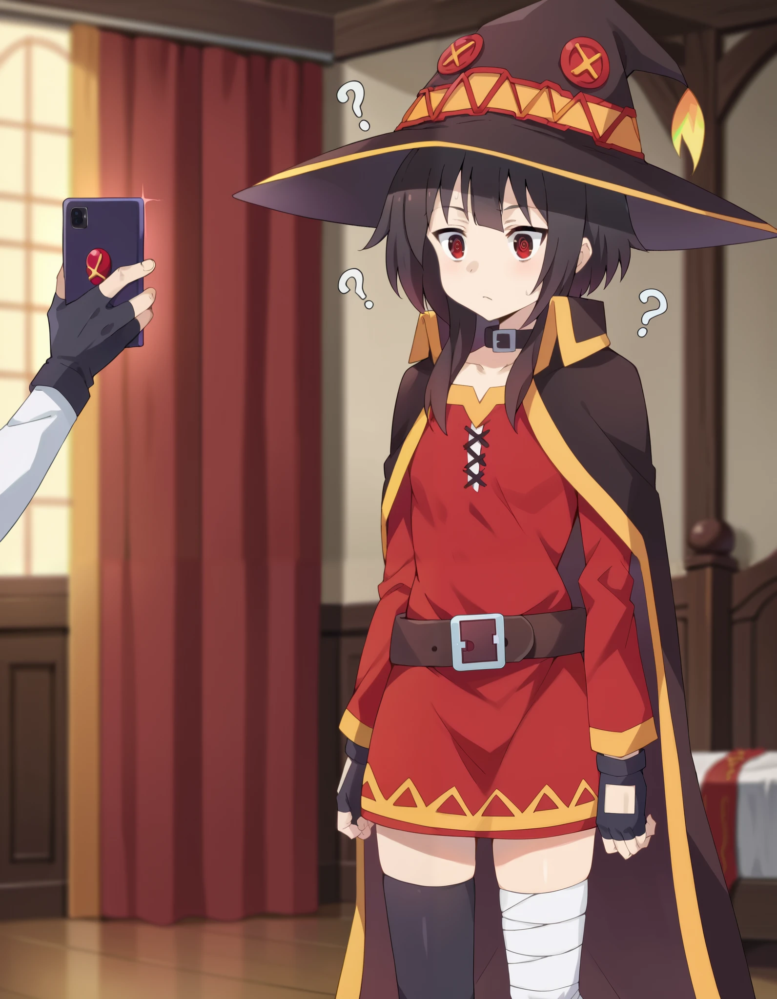 score_9, score_8_up, score_7_up, source_anime,
konosubamegumin, megumin, short hair, black hair, red eyes, short hair with long locks,
thighhighs, gloves, hat, dress, black gloves, belt, black thighhighs, fingerless gloves, cape, collar, witch hat, bandages, red dress, single thighhigh, asymmetrical legwear, bandaged leg,
Bedroom, ((arms to the sides)), cellphone in the foreground
(hypnosis_phone), ?, @_@