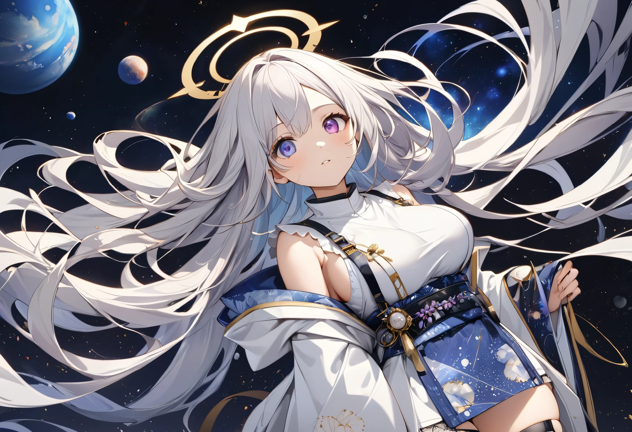 fresh illustration ,
Superfine painting,
top quality,
very delicate illustration ,
Very fine details ,
beautiful attractive anime style ,
Fascinating anime style ,
Super detailed drawing ,
beautiful and sophisticated illustration of one girl ,
full body view,
Height: 158cm,
Fair skin,
right eye blue left eye purple perfect heterochromia ,
large black pupils ,
beautiful eyes,
super long hair,
shiny hair ,
The roots of the hair are blue and the others are gray ,
The hair is gradated
My forehead is half sticking out,
pretty and cute face ,
Cheeks are ruddy,
A small, shiny halo is floating on the back of the head,
Lowering the eyebrows,
since age 27,
The upper half of the body is in a traditional Japanese kimono,
Overall white clothes ,
lower body Nadres ,
The color of the belt is black ,
The design is tastefully embroidered with gold thread,
fine fabric clothing ,
Shoulder-width narrower shoulders,
mega breasts,
Isometric,
Golden Ratio,
god々 like atmosphere,
The undershirt is indigo-colored with a stand-up collar,
outer space ,
There are multiple galaxies ,
Little Star々 upper body ,
tactical use of shadows ,
The hair and the halo on the head do not extend beyond the frame,
Clothes don't stick out of the angle of view ,
garter belt,
stockings ,
The thigh straps are digging into the skin,
lace thong
white long boots ,
There are countless Japanese style ,
Thin Waist,
Thick thighs,
Standing,
Long Shot,