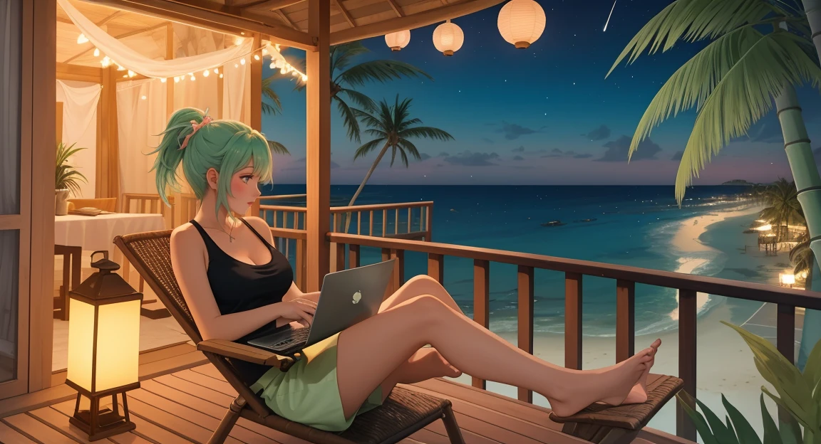 "A woman med boobs with pastel green and pink hair tied in a ponytail sits barefoot on a bamboo chair on a rooftop balcony overlooking a tropical island. She is dressed in a black tank top and loose beach shorts, typing on her laptop. A cup of coffee sits nearby, and the distant sound of waves reaching the shore blends with the gentle rustling of palm trees. The sky above is filled with stars, and the warm glow of lanterns on the balcony adds to the peaceful, island-night ambiance."
