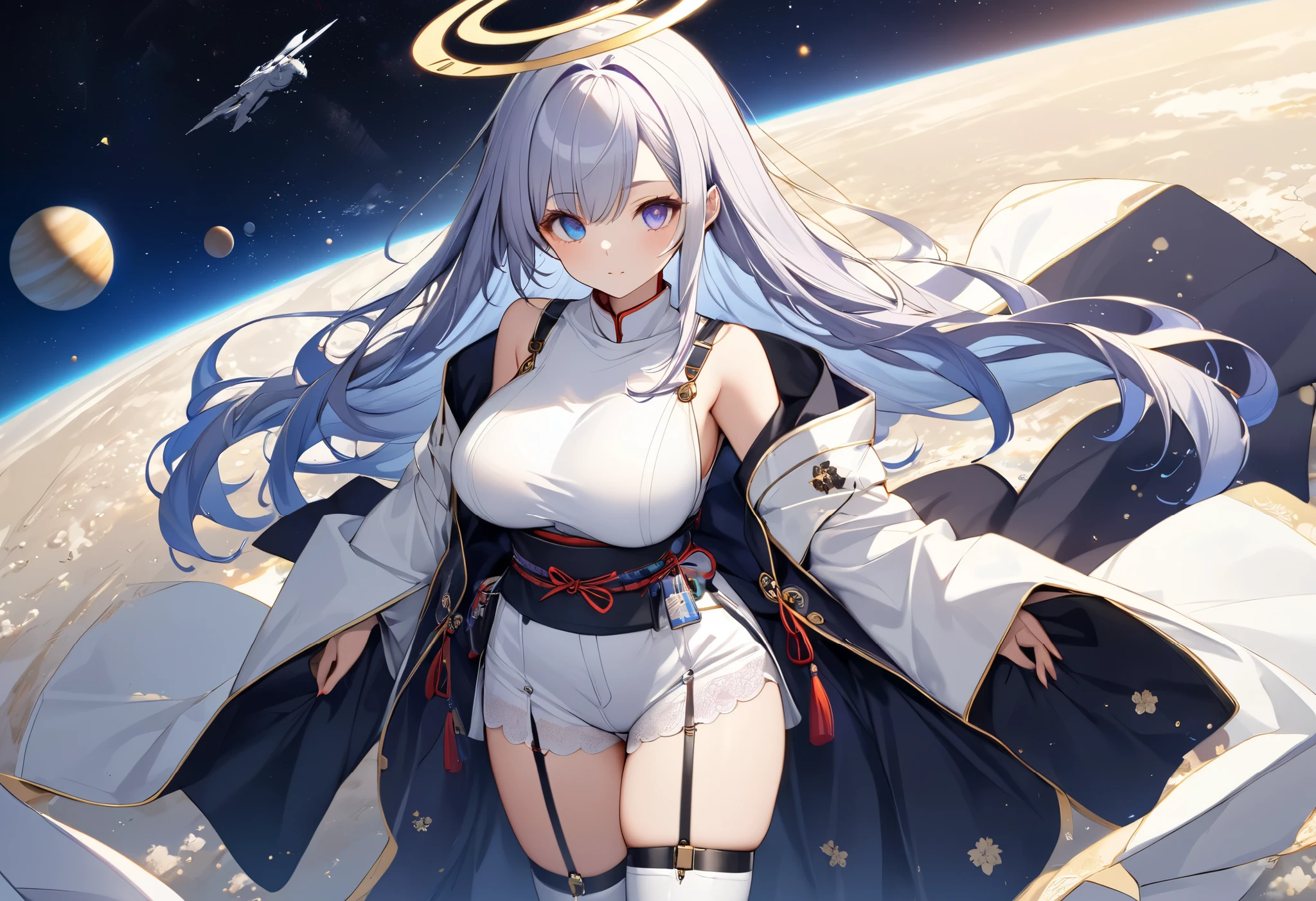 fresh illustration ,
Superfine painting,
top quality,
very delicate illustration ,
Very fine details ,
beautiful attractive anime style ,
Fascinating anime style ,
Super detailed drawing ,
beautiful and sophisticated illustration of one girl ,
full body view,
Height: 158cm,
Fair skin,
right eye blue left eye purple perfect heterochromia ,
large black pupils ,
beautiful eyes,
super long hair,
shiny hair ,
The roots of the hair are blue and the others are gray ,
The hair is gradated
My forehead is half sticking out,
pretty and cute face ,
Cheeks are ruddy,
A small, shiny halo is floating on the back of the head,
Lowering the eyebrows,
since age 27,
The upper half of the body is in a traditional Japanese kimono,
Overall white clothes ,
lower body Nadres ,
The color of the belt is black ,
The design is tastefully embroidered with gold thread,
fine fabric clothing ,
Shoulder-width narrower shoulders,
mega breasts,
Isometric,
Golden Ratio,
god々 like atmosphere,
The undershirt is indigo-colored with a stand-up collar,
outer space ,
There are multiple galaxies ,
Little Star々 upper body ,
tactical use of shadows ,
The hair and the halo on the head do not extend beyond the frame,
Clothes don't stick out of the angle of view ,
garter belt,
stockings ,
The thigh straps are digging into the skin,
lace thong
white long boots ,
There are countless Japanese style ,
Thin Waist,
Thick thighs,
Standing,
Long Shot,