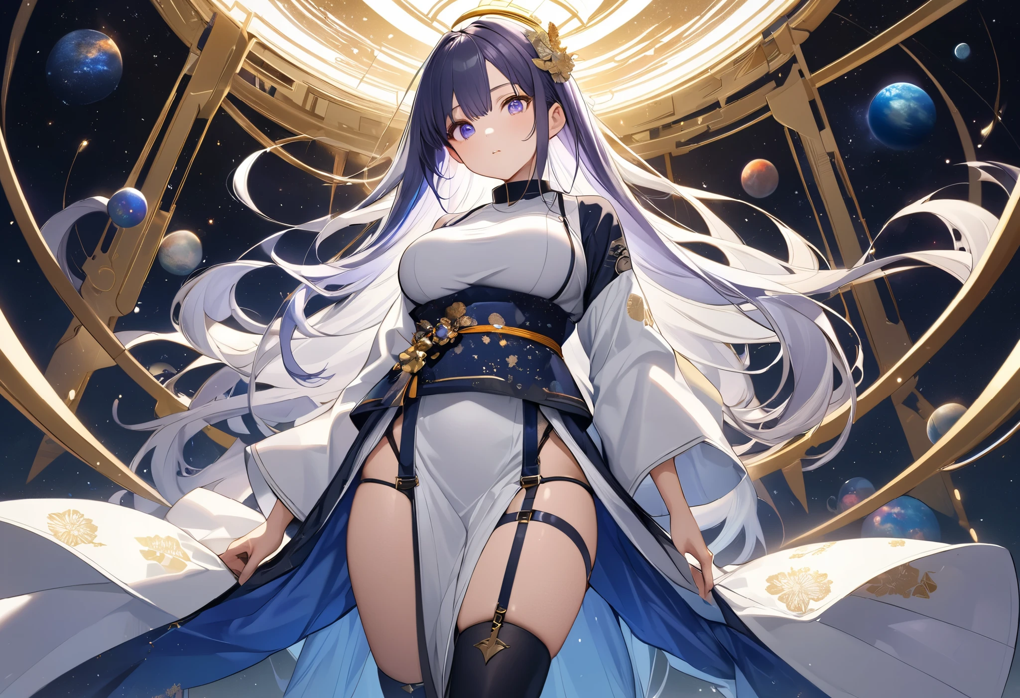 fresh illustration ,
Superfine painting,
top quality,
very delicate illustration ,
Very fine details ,
beautiful attractive anime style ,
Fascinating anime style ,
Super detailed drawing ,
beautiful and sophisticated illustration of one girl ,
full body view,
Height: 158cm,
Fair skin,
right eye blue left eye purple perfect heterochromia ,
large black pupils ,
beautiful eyes,
super long hair,
shiny hair ,
The roots of the hair are blue and the others are gray ,
The hair is gradated
My forehead is half sticking out,
pretty and cute face ,
Cheeks are ruddy,
A small, shiny halo is floating on the back of the head,
Lowering the eyebrows,
since age 27,
The upper half of the body is in a traditional Japanese kimono,
Overall white clothes ,
lower body Nadres ,
The color of the belt is black ,
The design is tastefully embroidered with gold thread,
fine fabric clothing ,
Shoulder-width narrower shoulders,
mega breasts,
Isometric,
Golden Ratio,
god々 like atmosphere,
The undershirt is indigo-colored with a stand-up collar,
outer space ,
There are multiple galaxies ,
Little Star々 upper body ,
tactical use of shadows ,
The hair and the halo on the head do not extend beyond the frame,
Clothes don't stick out of the angle of view ,
garter belt,
stockings ,
The thigh straps are digging into the skin,
lace thong
white long boots ,
There are countless Japanese style ,
Thin Waist,
Thick thighs,
Standing,
Long Shot,