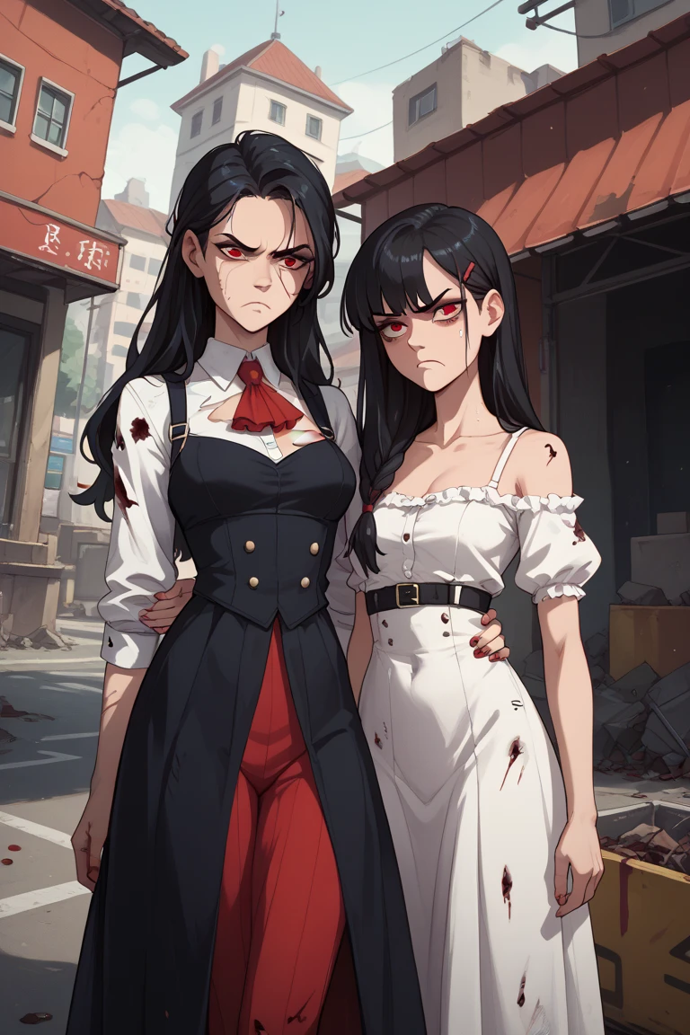  A girl with blond long hair in white clothes with red eyes and a scar under her eye stands next to another girl with black hair and a black bloody dress against the background of destroyed buildings, two girls. The girls have a sad and angry face . 