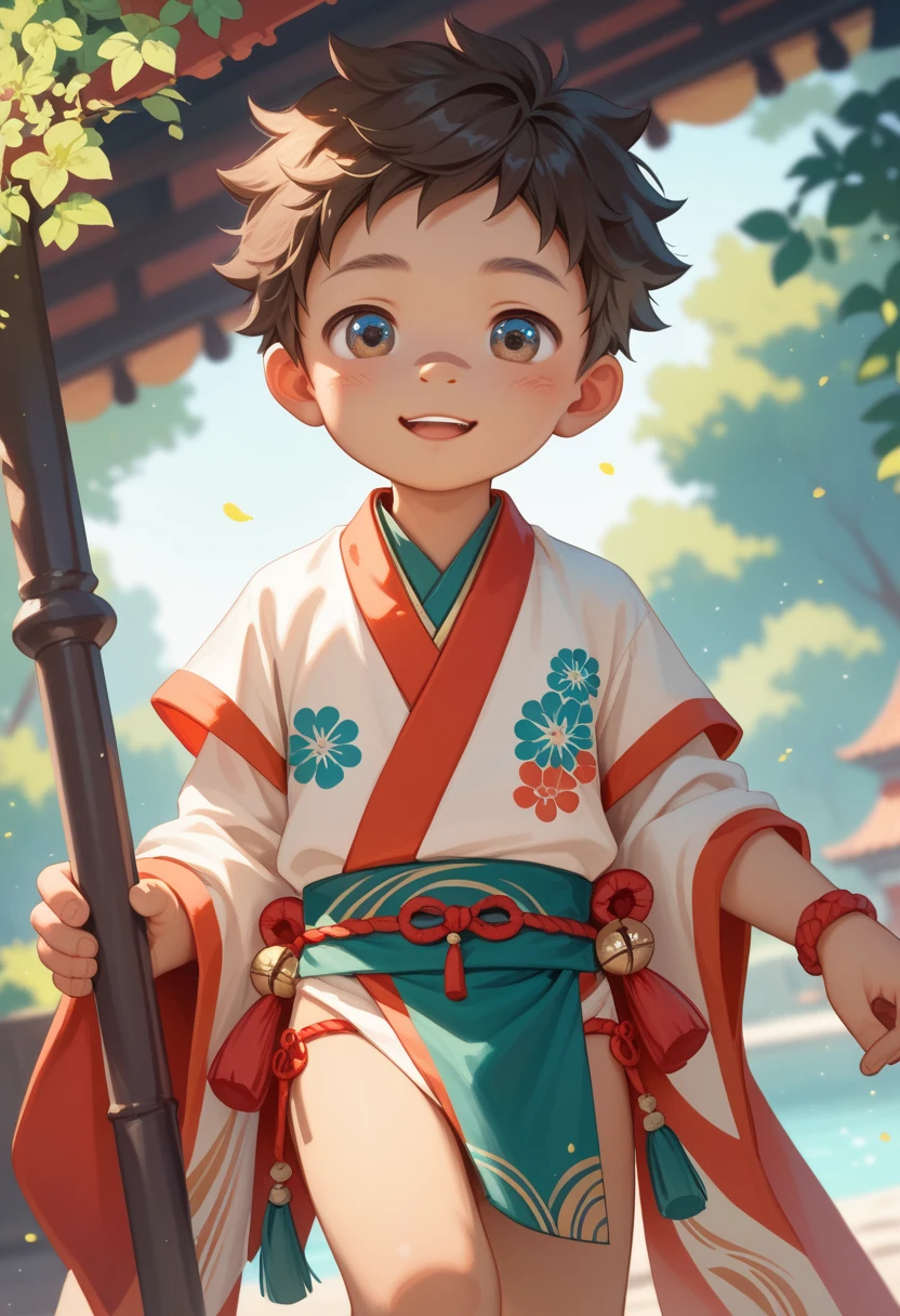 Full body. a japanese boy, Shotacon, A boy is 3-yr, little, youthful, ddler, young, short, thin, short hair, cute smiling face, traditional japanese loincloth outfit