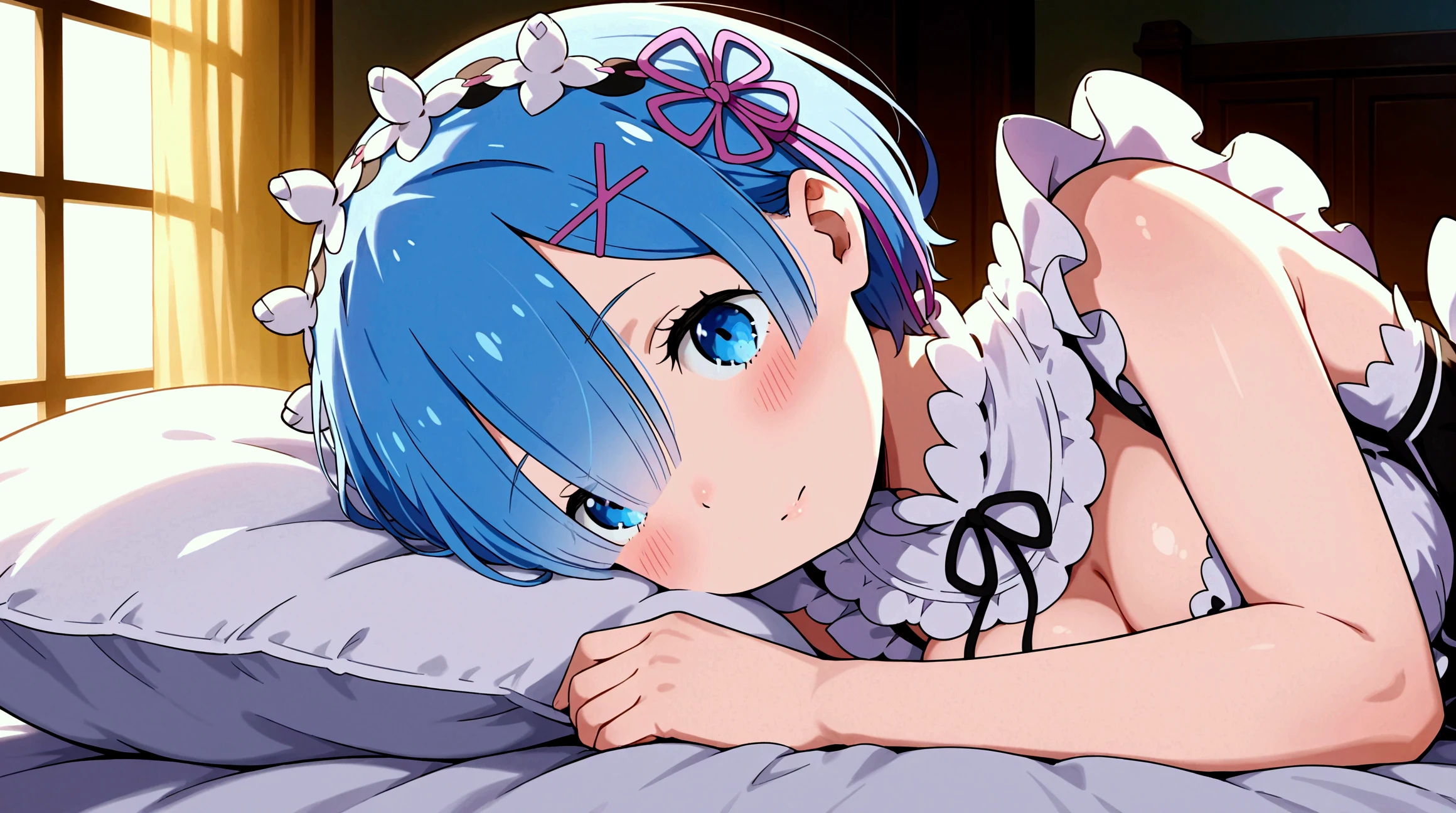 ((masutepiece)), ((Best Quality)), (Ultra-detailed), Anime style, look down from above, on the bed, Cute little girl s, 1girl in, Solo, underwear00, ((Beautiful eyes)), large full breasts, Smile