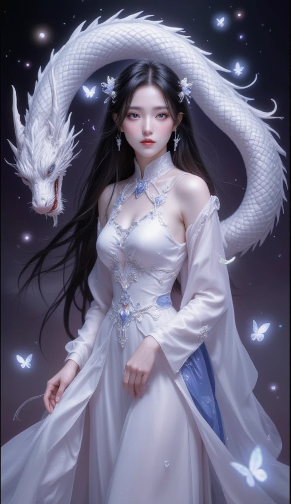 This is a highly detailed digital artwork in the anime style, depicting a serene and mystical scene. The central figure is a woman with long, flowing black hair adorned with delicate white ribbons. She wears an elegant, white, traditional Chinese dress with intricate, flowing sleeves and a high collar. The dress is adorned with delicate blue and white beadwork and tassels, adding a touch of sparkle and depth to the fabric. The woman's skin is fair, and she has a serene expression with soft, delicate features.
To her left, a large, graceful white dragon with a long, sinuous body winds around the woman, its scales shimmering with a subtle iridescence. The dragon's eyes are a deep, penetrating blue, and its mouth is slightly open, revealing sharp teeth. The dragon's body blends seamlessly into the background, which is a gradient of dark purples and blacks, creating a sense of depth and movement.
In the background, there are subtle, glowing orbs and wispy, ethereal light effects, enhancing the mystical atmosphere. A few butterflies, with translucent wings, float gently around the woman, adding to the ethereal feel of the scene. The overall composition is balanced and harmonious, with a blend of fantasy and traditional elements.
