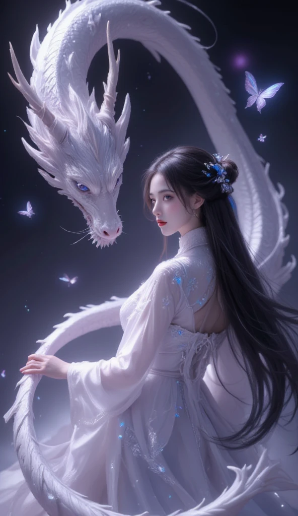 This is a highly detailed digital artwork in the anime style, depicting a serene and mystical scene. The central figure is a woman with long, flowing black hair adorned with delicate white ribbons. She wears an elegant, white, traditional Chinese dress with intricate, flowing sleeves and a high collar. The dress is adorned with delicate blue and white beadwork and tassels, adding a touch of sparkle and depth to the fabric. The woman's skin is fair, and she has a serene expression with soft, delicate features.
To her left, a large, graceful white dragon with a long, sinuous body winds around the woman, its scales shimmering with a subtle iridescence. The dragon's eyes are a deep, penetrating blue, and its mouth is slightly open, revealing sharp teeth. The dragon's body blends seamlessly into the background, which is a gradient of dark purples and blacks, creating a sense of depth and movement.
In the background, there are subtle, glowing orbs and wispy, ethereal light effects, enhancing the mystical atmosphere. A few butterflies, with translucent wings, float gently around the woman, adding to the ethereal feel of the scene. The overall composition is balanced and harmonious, with a blend of fantasy and traditional elements.
