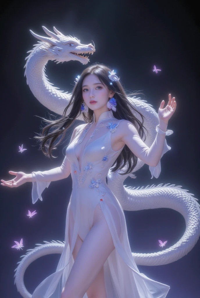 This is a highly detailed digital artwork in the anime style, depicting a serene and mystical scene. The central figure is a woman with long, flowing black hair adorned with delicate white ribbons. She wears an elegant, white, traditional Chinese dress with intricate, flowing sleeves and a high collar. The dress is adorned with delicate blue and white beadwork and tassels, adding a touch of sparkle and depth to the fabric. The woman's skin is fair, and she has a serene expression with soft, delicate features.
To her left, a large, graceful white dragon with a long, sinuous body winds around the woman, its scales shimmering with a subtle iridescence. The dragon's eyes are a deep, penetrating blue, and its mouth is slightly open, revealing sharp teeth. The dragon's body blends seamlessly into the background, which is a gradient of dark purples and blacks, creating a sense of depth and movement.
In the background, there are subtle, glowing orbs and wispy, ethereal light effects, enhancing the mystical atmosphere. A few butterflies, with translucent wings, float gently around the woman, adding to the ethereal feel of the scene. The overall composition is balanced and harmonious, with a blend of fantasy and traditional elements.
