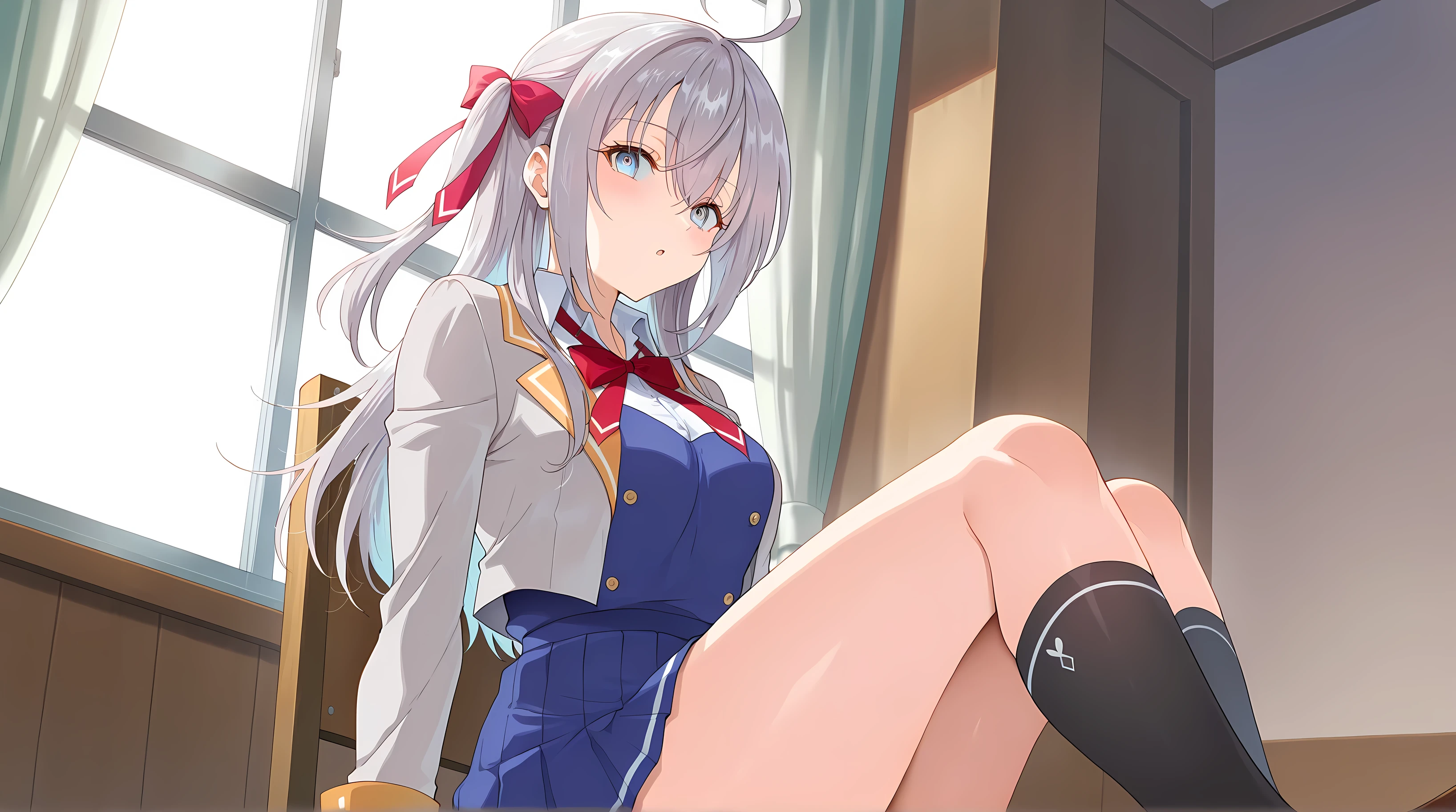  top quality、 more details、 High Resolution Illustration 、Ultra-high-definition CG、Gray Hair、 Alisa Mikhailovna Kujo、Sometimes I'll Dele in the Russian、My Neighbor Arya 、Slanted Eyes、JK、 watching 、 one girl、foot、 uncovered clothes、 sexy、KJOARISE'、 light blue eyes、 long hair、 hair between eyes 、 、 hair bow、