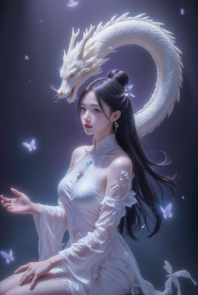 This is a highly detailed digital artwork in the anime style, depicting a serene and mystical scene. The central figure is a woman with long, flowing black hair adorned with delicate white ribbons. She wears an elegant, white, traditional Chinese dress with intricate, flowing sleeves and a high collar. The dress is adorned with delicate blue and white beadwork and tassels, adding a touch of sparkle and depth to the fabric. The woman's skin is fair, and she has a serene expression with soft, delicate features.
To her left, a large, graceful white dragon with a long, sinuous body winds around the woman, its scales shimmering with a subtle iridescence. The dragon's eyes are a deep, penetrating blue, and its mouth is slightly open, revealing sharp teeth. The dragon's body blends seamlessly into the background, which is a gradient of dark purples and blacks, creating a sense of depth and movement.
In the background, there are subtle, glowing orbs and wispy, ethereal light effects, enhancing the mystical atmosphere. A few butterflies, with translucent wings, float gently around the woman, adding to the ethereal feel of the scene. The overall composition is balanced and harmonious, with a blend of fantasy and traditional elements.
