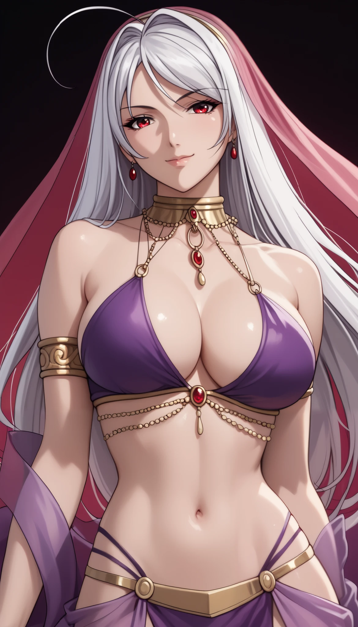 vampire moka akashiya, long hair, red eyes, ahoge, white hair, large breasts, arabian clothes,purple clothes, dancer, belly dancing, veil, armlet, light smile,Shiny Hair、Tight waist、Small waist、Glowing Skin、(white background:1.2)、eight-headed body、Beauty、