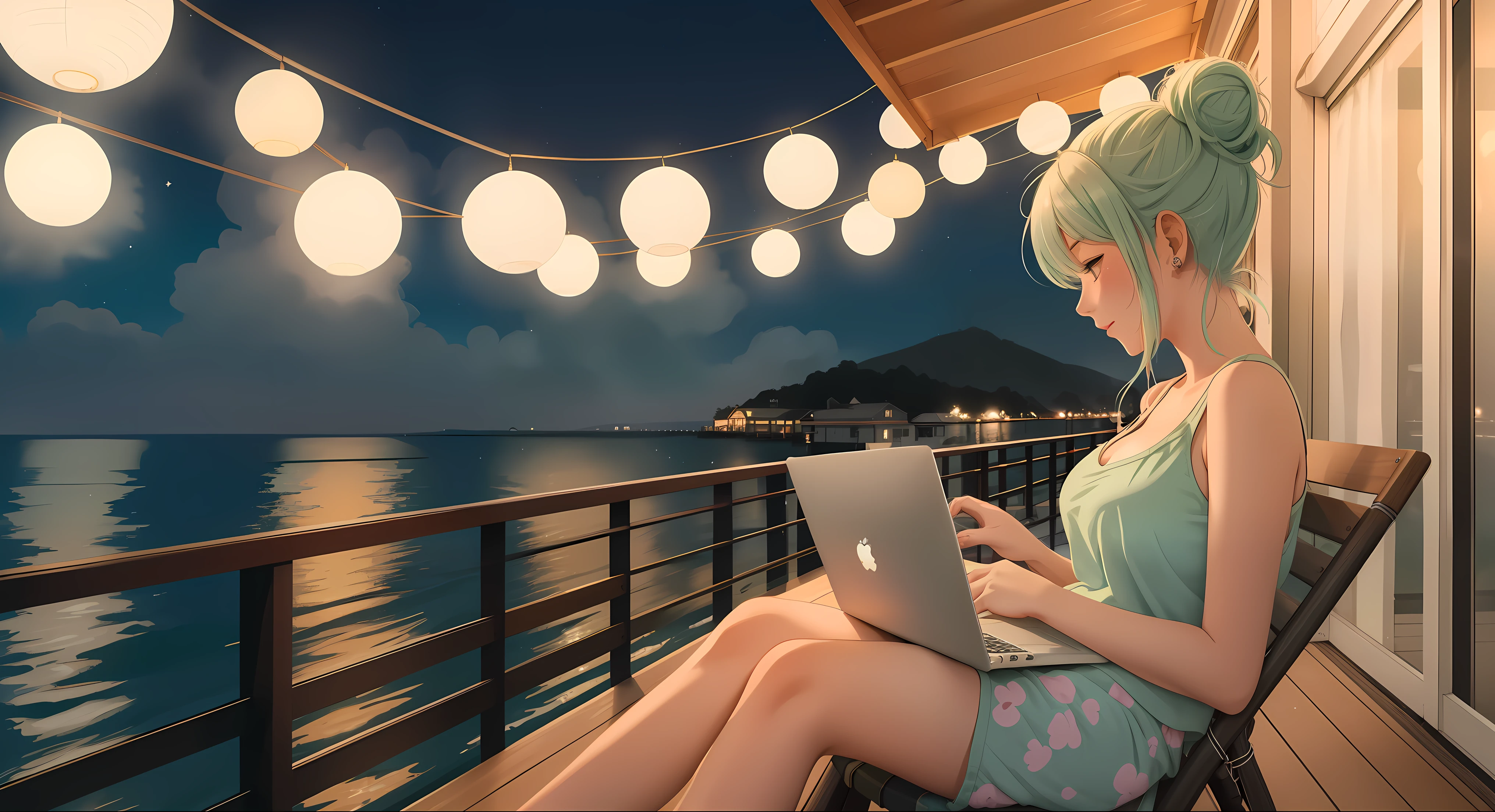 "A woman med boobs with pastel green and pink hair styled in a messy bun sits on a wicker chair on a seaside rooftop terrace. She wears a black tank top and soft pajama shorts, her laptop balanced on her lap as she sips from a steaming cup of coffee. The sound of gentle waves reaches her ears as the moonlight dances on the ocean's surface. String lights strung along the railing add a cozy charm to the otherwise open and tranquil nighttime setting."
