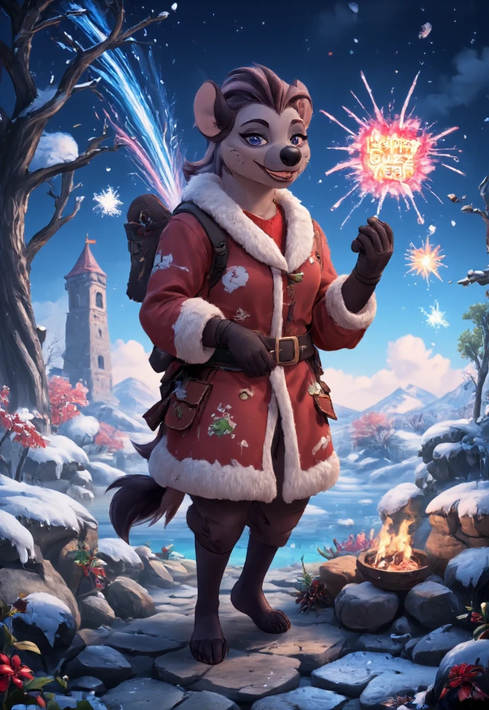 Photograph of handsome antropomorphic hyena girl ((Jasiri)) dressed in a Christmas clothes. score_9, score_8_up, score_7_up,
Jasiri, anthro hyena girl, full body, barefoot young hyena boy, christmas outfit, winter clothes, pants, fluffy_new_year, setting fireworks on the garden. A text bubble that reads "Happy BUZZ year!" 