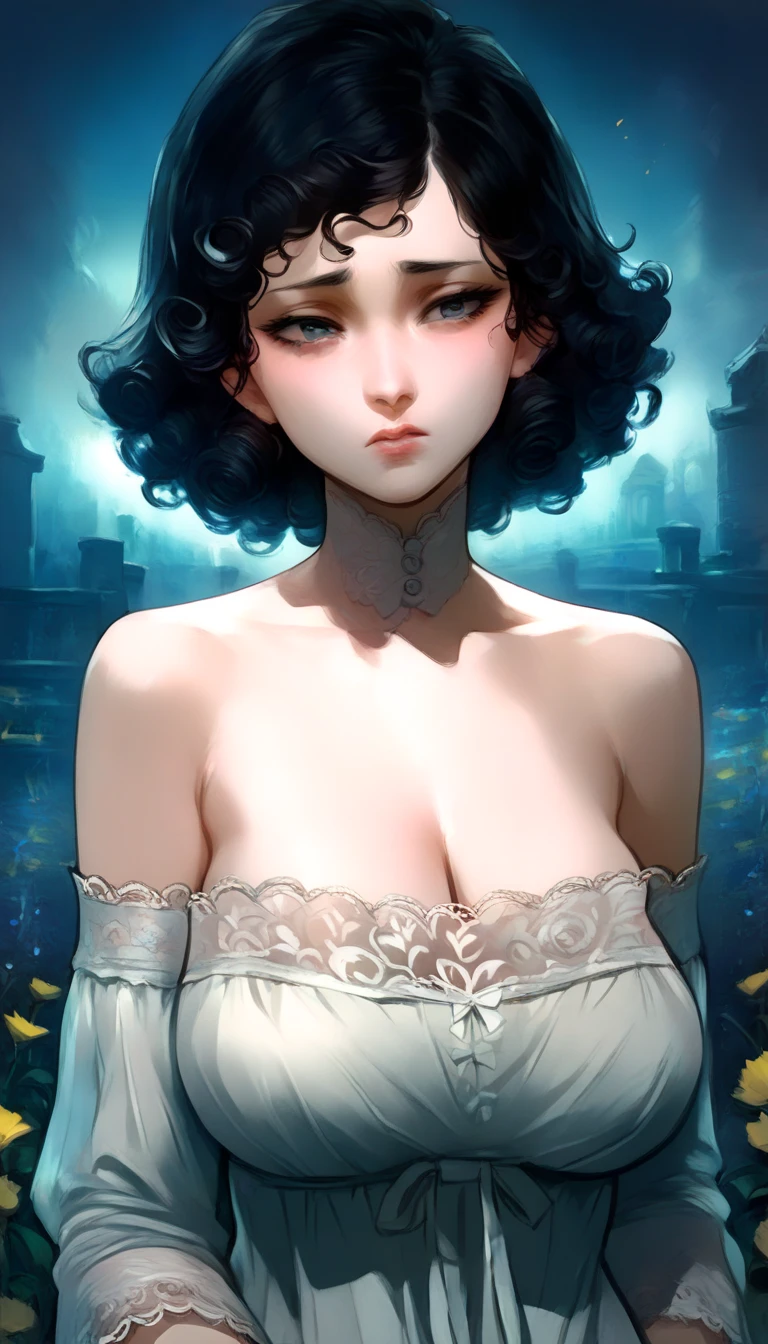 ((best quality, 4k, masterpiece, artwork)), Woman, black hair, looking to viewer, expression sad, ((short hair)), ((very curly hair)), ((anime)), big breasts, gray eyes , Alone, (((wearing white lace dress))), ((real body)), in a foggy cemetery with some white flowers around, (sad pose)