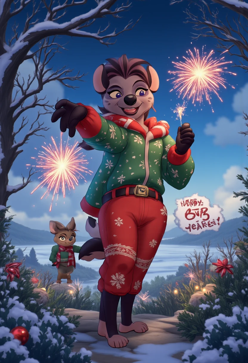 Photograph of handsome antropomorphic hyena girl ((Jasiri)) dressed in a Christmas clothes. score_9, score_8_up, score_7_up,
Jasiri, anthro hyena girl, full body, barefoot young hyena boy, christmas outfit, winter clothes, pants, fluffy_new_year, setting fireworks on the garden. A text bubble that reads "Happy BUZZ year!" 