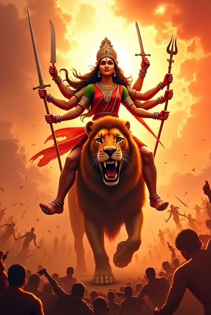 Create a powerful image of Goddess Durga riding a lion, with her multiple arms holding various weapons, and a backdrop of a dynamic and intricate battlefield scene."