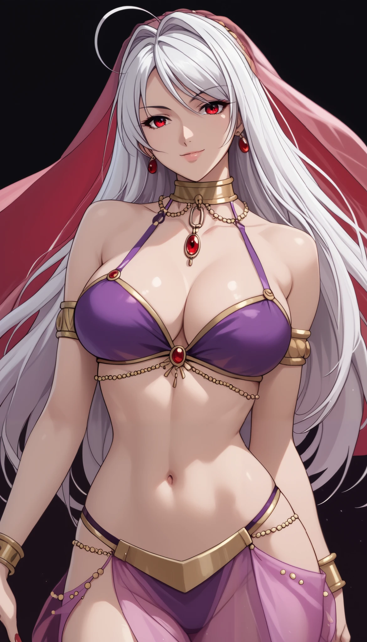 vampire moka akashiya, long hair, red eyes, ahoge, white hair, large breasts, arabian clothes,purple clothes, dancer, belly dancing, veil, armlet, light smile,Shiny Hair、Tight waist、Small waist、Glowing Skin、(white background:1.2)、eight-headed body、Beauty、