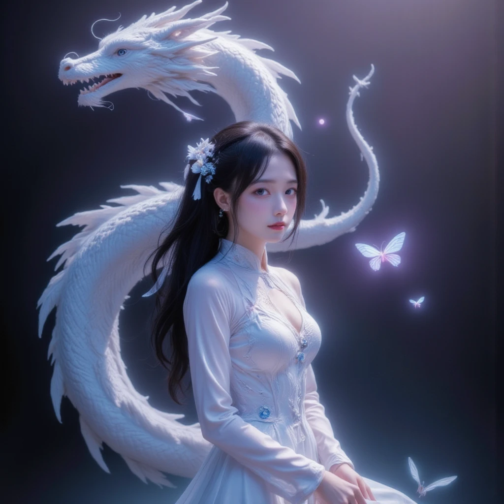 This is a highly detailed digital artwork in the anime style, depicting a serene and mystical scene. The central figure is a woman with long, flowing black hair adorned with delicate white ribbons. She wears an elegant, white, traditional Chinese dress with intricate, flowing sleeves and a high collar. The dress is adorned with delicate blue and white beadwork and tassels, adding a touch of sparkle and depth to the fabric. The woman's skin is fair, and she has a serene expression with soft, delicate features.
To her left, a large, graceful white dragon with a long, sinuous body winds around the woman, its scales shimmering with a subtle iridescence. The dragon's eyes are a deep, penetrating blue, and its mouth is slightly open, revealing sharp teeth. The dragon's body blends seamlessly into the background, which is a gradient of dark purples and blacks, creating a sense of depth and movement.
In the background, there are subtle, glowing orbs and wispy, ethereal light effects, enhancing the mystical atmosphere. A few butterflies, with translucent wings, float gently around the woman, adding to the ethereal feel of the scene. The overall composition is balanced and harmonious, with a blend of fantasy and traditional elements.