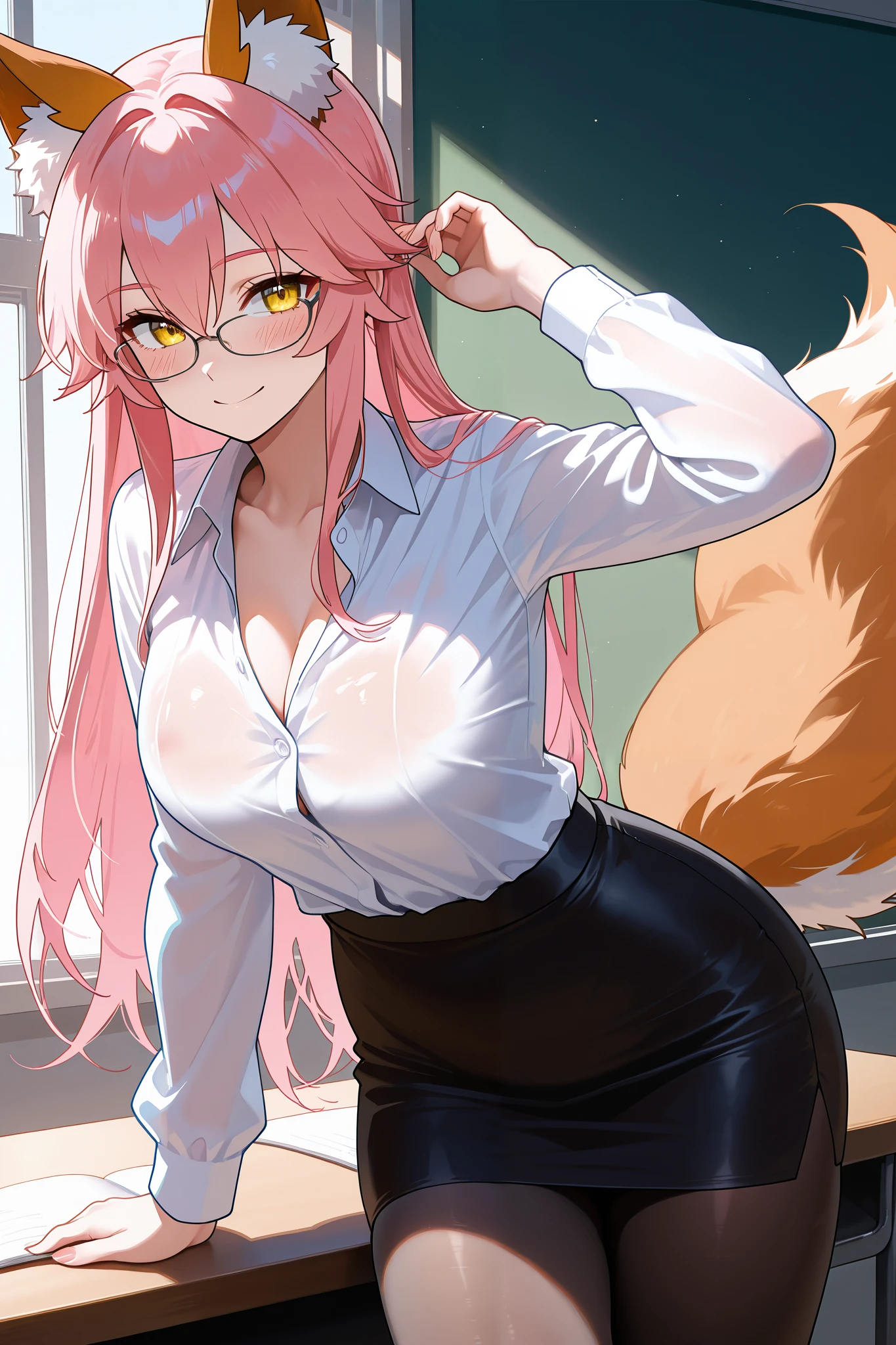 NSFW,masterpiece, top quality, high definition, very detailed,Tamamo、 pink hair、 hair between eyes 、 side lock、 short twin tail 、 yellow eyes、 Beast Ears、Fox Ears、 Fox Tail , dress shirt, pencil skirt, pantyhose,Glasses,teacher, bewitching smile,blush, Burnt Body ,evening