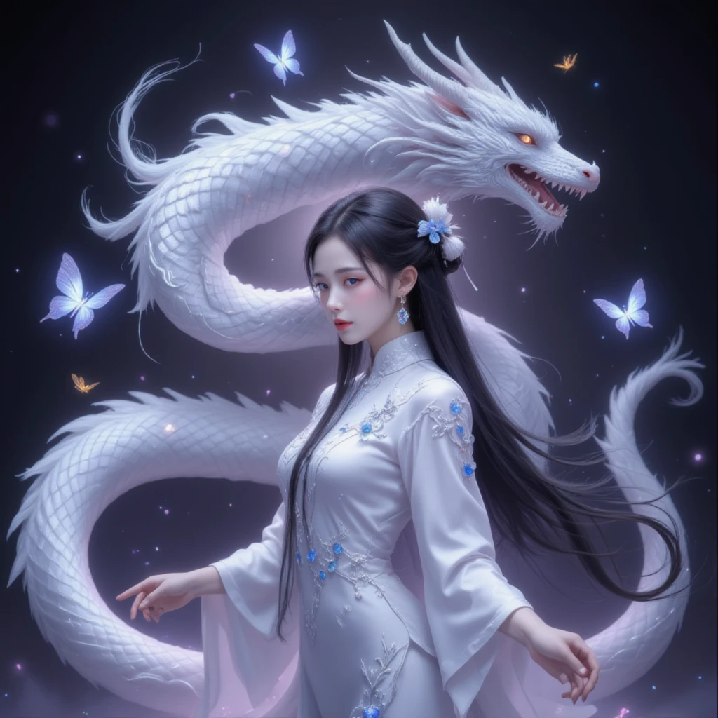 This is a highly detailed digital artwork in the anime style, depicting a serene and mystical scene. The central figure is a woman with long, flowing black hair adorned with delicate white ribbons. She wears an elegant, white, traditional Chinese dress with intricate, flowing sleeves and a high collar. The dress is adorned with delicate blue and white beadwork and tassels, adding a touch of sparkle and depth to the fabric. The woman's skin is fair, and she has a serene expression with soft, delicate features.
To her left, a large, graceful white dragon with a long, sinuous body winds around the woman, its scales shimmering with a subtle iridescence. The dragon's eyes are a deep, penetrating blue, and its mouth is slightly open, revealing sharp teeth. The dragon's body blends seamlessly into the background, which is a gradient of dark purples and blacks, creating a sense of depth and movement.
In the background, there are subtle, glowing orbs and wispy, ethereal light effects, enhancing the mystical atmosphere. A few butterflies, with translucent wings, float gently around the woman, adding to the ethereal feel of the scene. The overall composition is balanced and harmonious, with a blend of fantasy and traditional elements.
