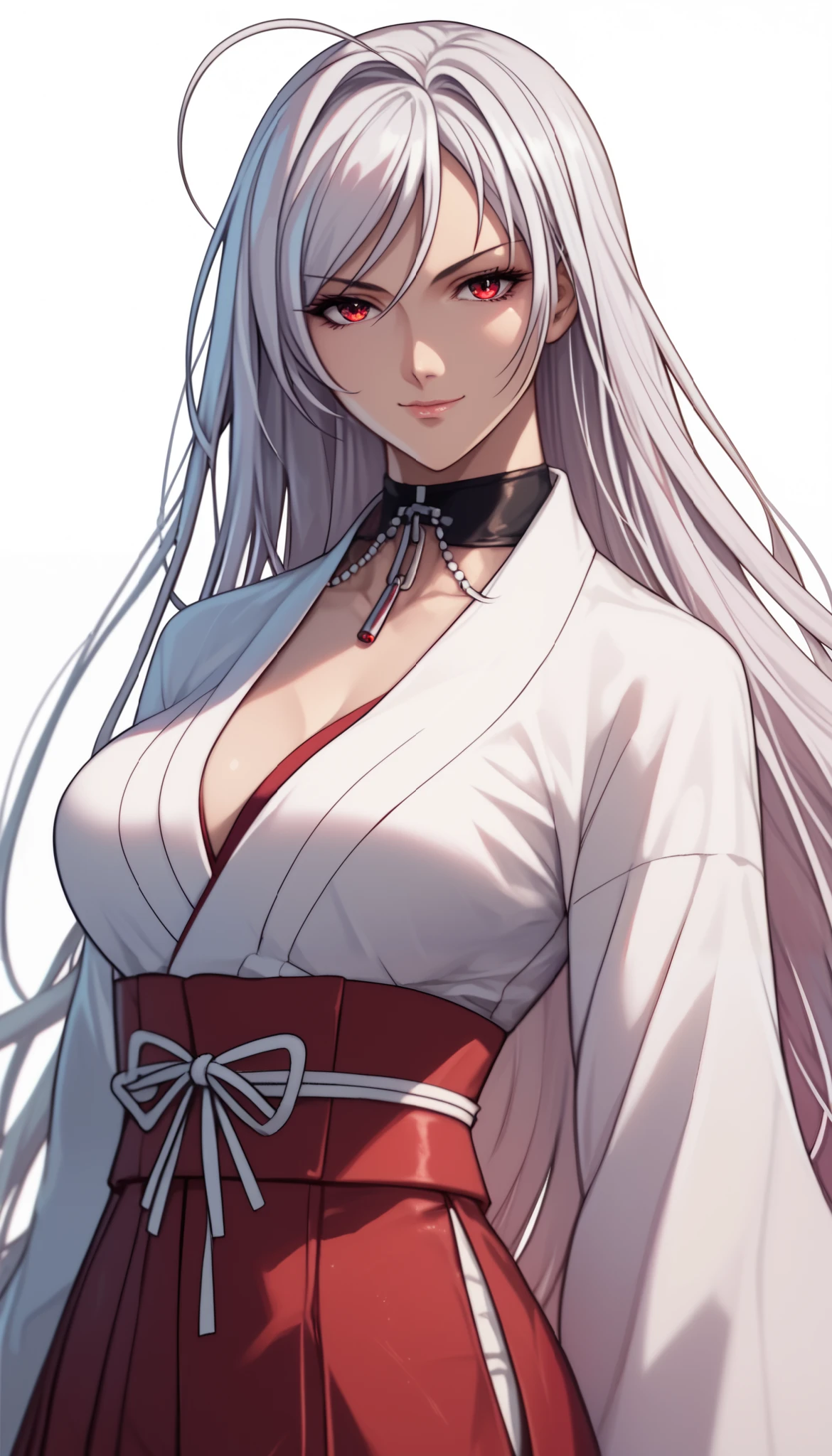 vampire moka akashiya, long hair, red eyes, ahoge, white hair, large breasts, mikofa, light smile,Shiny Hair、Tight waist、Small waist、Glowing Skin、(white background:1.2)、eight-headed body、Beauty、