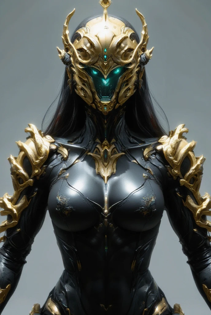 Warframe, a formidable figure clad in an exosuit of dark, metallic armor, stands tall against a neutral backdrop. The sleek, black body of the armor is adorned with intricate, golden filigree and glowing emerald green accents, evoking an air of mystique and power. The suit's chest plate features an ornate, tribal-inspired design, while the shoulders and arms are encased in elaborate, articulated armor pieces that seem to shimmer with an otherworldly energy. A gleaming, gold-plated helmet with piercing, neon green optics dominates the Warframe's visage, exuding an aura of technological sophistication and martial prowess. The overall effect is one of awe-inspiring grandeur, as if the very essence of a high-tech warrior has been distilled into this imposing, biomechanical form.