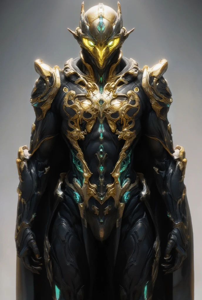 Warframe, a formidable figure clad in an exosuit of dark, metallic armor, stands tall against a neutral backdrop. The sleek, black body of the armor is adorned with intricate, golden filigree and glowing emerald green accents, evoking an air of mystique and power. The suit's chest plate features an ornate, tribal-inspired design, while the shoulders and arms are encased in elaborate, articulated armor pieces that seem to shimmer with an otherworldly energy. A gleaming, gold-plated helmet with piercing, neon green optics dominates the Warframe's visage, exuding an aura of technological sophistication and martial prowess. The overall effect is one of awe-inspiring grandeur, as if the very essence of a high-tech warrior has been distilled into this imposing, biomechanical form.