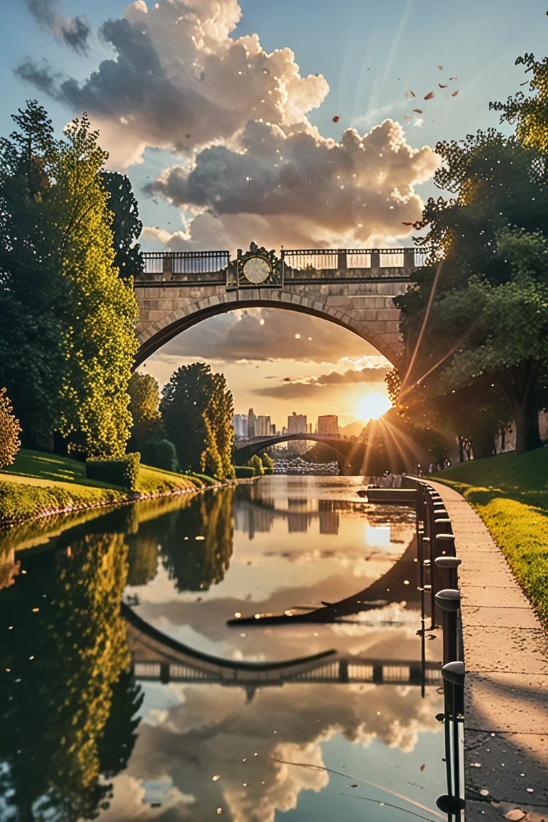 A photo of a sunrise in Paris immediately after an epic storm with the sun breaking through the ominous clouds casting warm rays of light on the city, on the bridge enjoying the cinematic morning scenery, a 37 years old elegant woman with flowing hair slightly messed up by the breeze, reflection in the puddles. uhd