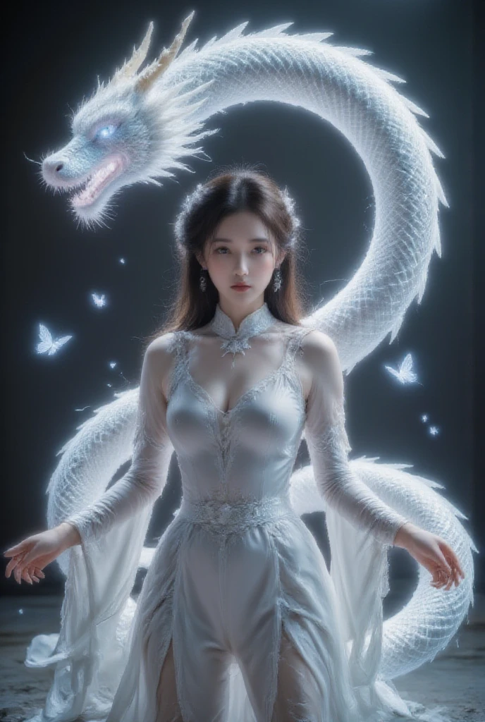 This is a highly detailed digital artwork in the anime style, depicting a serene and mystical scene. The central figure is a woman with long, flowing black hair adorned with delicate white ribbons. She wears an elegant, white, traditional Chinese dress with intricate, flowing sleeves and a high collar. The dress is adorned with delicate blue and white beadwork and tassels, adding a touch of sparkle and depth to the fabric. The woman's skin is fair, and she has a serene expression with soft, delicate features.
To her left, a large, graceful white dragon with a long, sinuous body winds around the woman, its scales shimmering with a subtle iridescence. The dragon's eyes are a deep, penetrating blue, and its mouth is slightly open, revealing sharp teeth. The dragon's body blends seamlessly into the background, which is a gradient of dark purples and blacks, creating a sense of depth and movement.
In the background, there are subtle, glowing orbs and wispy, ethereal light effects, enhancing the mystical atmosphere. A few butterflies, with translucent wings, float gently around the woman, adding to the ethereal feel of the scene. The overall composition is balanced and harmonious, with a blend of fantasy and traditional elements.
