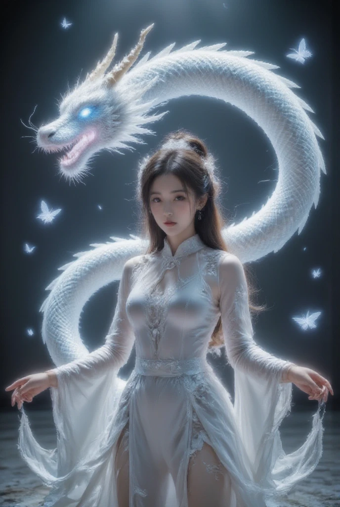 This is a highly detailed digital artwork in the anime style, depicting a serene and mystical scene. The central figure is a woman with long, flowing black hair adorned with delicate white ribbons. She wears an elegant, white, traditional Chinese dress with intricate, flowing sleeves and a high collar. The dress is adorned with delicate blue and white beadwork and tassels, adding a touch of sparkle and depth to the fabric. The woman's skin is fair, and she has a serene expression with soft, delicate features.
To her left, a large, graceful white dragon with a long, sinuous body winds around the woman, its scales shimmering with a subtle iridescence. The dragon's eyes are a deep, penetrating blue, and its mouth is slightly open, revealing sharp teeth. The dragon's body blends seamlessly into the background, which is a gradient of dark purples and blacks, creating a sense of depth and movement.
In the background, there are subtle, glowing orbs and wispy, ethereal light effects, enhancing the mystical atmosphere. A few butterflies, with translucent wings, float gently around the woman, adding to the ethereal feel of the scene. The overall composition is balanced and harmonious, with a blend of fantasy and traditional elements.
