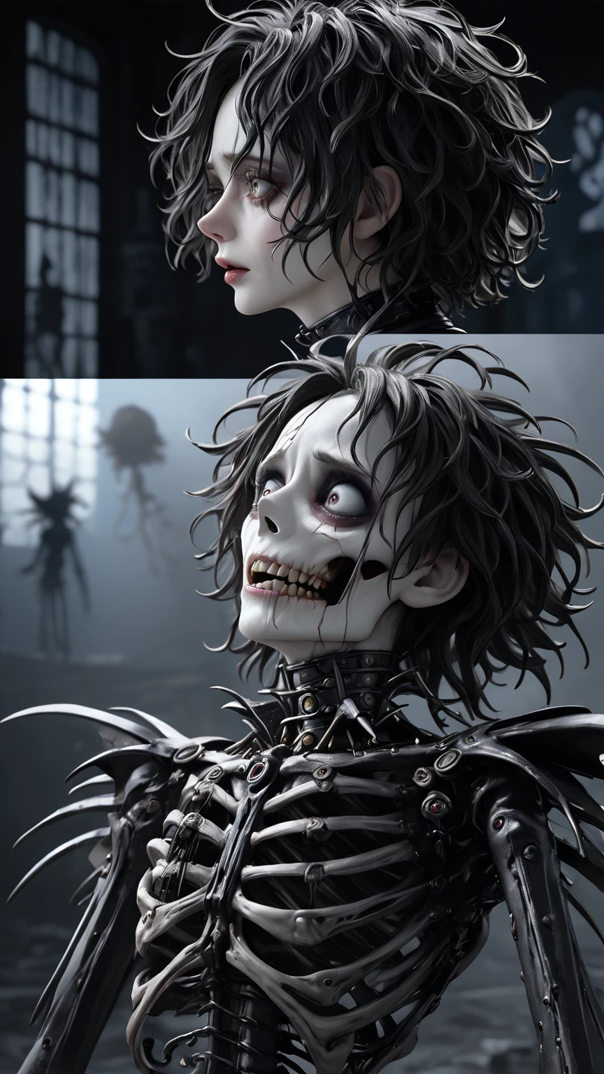 High Definition, masterpiece, Anatomically Accurate , Accurate,  top quality, High Definition model, high detail,  Edward Scissorhands、Tim Burton's style、 darkness、ANATOMICALLY CORRECT, , Movie Scene 、Feelings of emptiness、