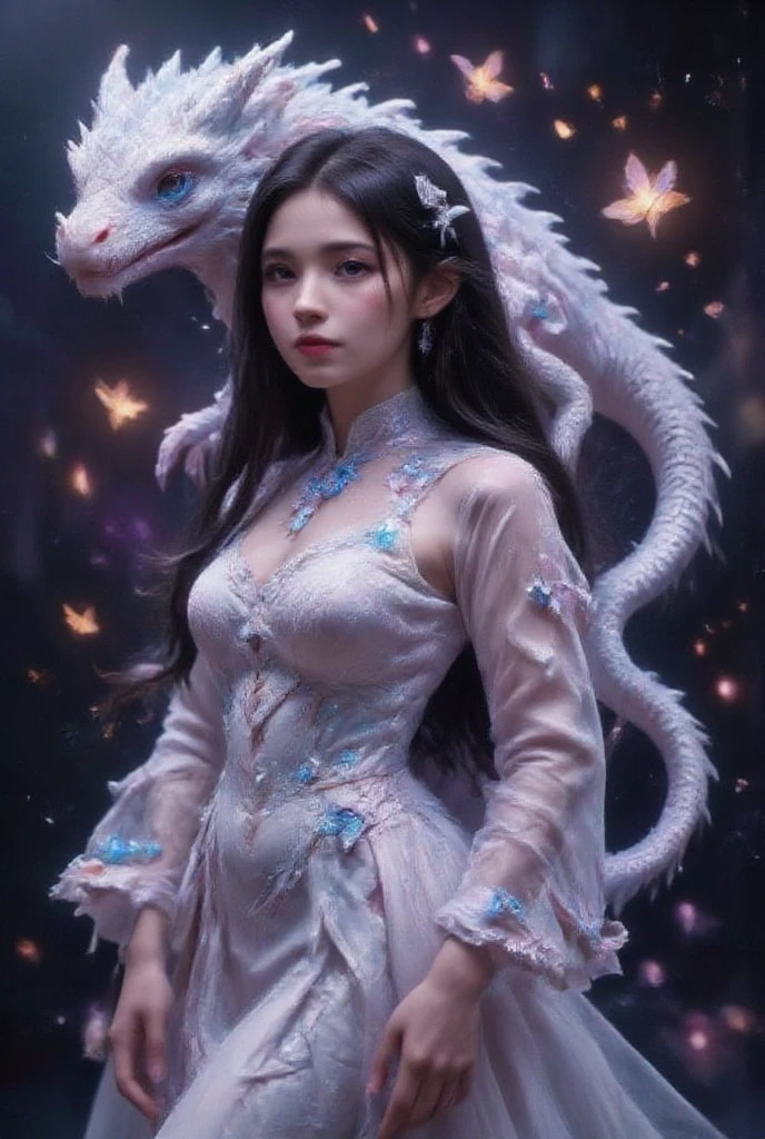 This is a highly detailed digital artwork in the anime style, depicting a serene and mystical scene. The central figure is a woman with long, flowing black hair adorned with delicate white ribbons. She wears an elegant, white, traditional Chinese dress with intricate, flowing sleeves and a high collar. The dress is adorned with delicate blue and white beadwork and tassels, adding a touch of sparkle and depth to the fabric. The woman's skin is fair, and she has a serene expression with soft, delicate features.
To her left, a large, graceful white dragon with a long, sinuous body winds around the woman, its scales shimmering with a subtle iridescence. The dragon's eyes are a deep, penetrating blue, and its mouth is slightly open, revealing sharp teeth. The dragon's body blends seamlessly into the background, which is a gradient of dark purples and blacks, creating a sense of depth and movement.
In the background, there are subtle, glowing orbs and wispy, ethereal light effects, enhancing the mystical atmosphere. A few butterflies, with translucent wings, float gently around the woman, adding to the ethereal feel of the scene. The overall composition is balanced and harmonious, with a blend of fantasy and traditional elements.
