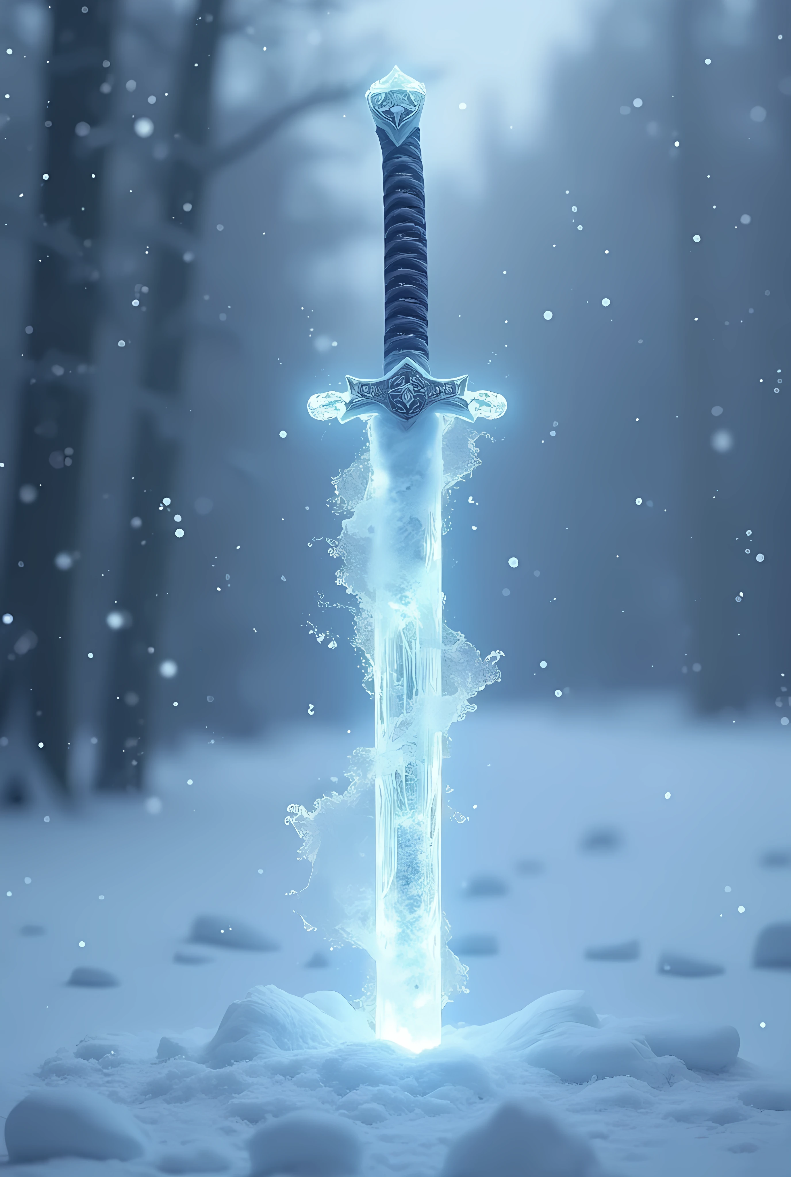 A close up of a sword with a glowing blade in the snow - SeaArt AI