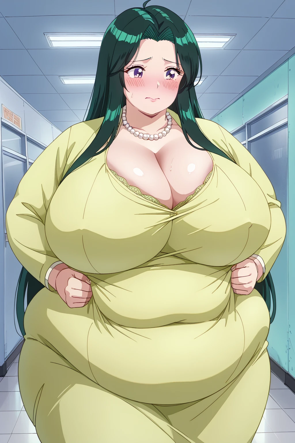 ritsuko takahashi,  dark green hair 、 long hair,  Purple Eyes ,Light yellow-green dress, (pale yellow-green miniskirt)、 yellow-green Spencer jacket、 pearl necklace, huge breasts, troubled expression,blush,milf, chubby, thick thighs,***************** hallway,Obese middle-aged woman,Severe obesity, Fat face,ssbbw,weight 250kg,fart, embarrassed, in front of yellow brown smoke,Woman farting , score_9,  score_8_ up、 score_7_ up、 score_6_ up、 score_5_ up、 score_4_ up、 Masterpiece、 top quality, A beautiful woman with an obese figure,  absurd、 source_ anime anime screencap,  one woman、Alone、 personal  、Super huge breasts,  super huge clevis、Super huge, Super huge boob,Curvy、 wide hips、