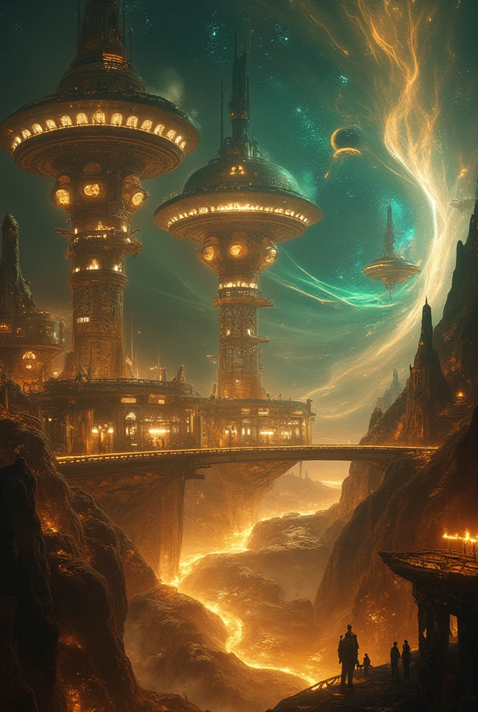 A magnificent Space Colony in the heart of a surreal, fantastical SATURN landscape. Cosmos stars and meteors streak across the sky, illuminating the scene. Spacecrafts dock at luminous hubs surrounding the colony, which features glowing gears and intricate clockwork mechanisms integrated into its structures. Towering biodomes emit a soft golden light, revealing silhouettes of mysterious inhabitants engaging in various activities. Suspended walkways and transport tracks float like serpentine ribbons above a swirling vortex of time, with glowing particles, fragments of clocks, and faint historical landmarks from different eras appearing in the mist below. The sky is a blend of vibrant, swirling colors — hues of gold, blue, and purple — with streaks of light and stars bending as if manipulated by temporal forces. The overall atmosphere is awe-inspiring and magical, with intricate details showcasing the colony's advanced yet vintage design, blending steampunk elements with futuristic aesthetics, creating a harmonious yet otherworldly living space.
