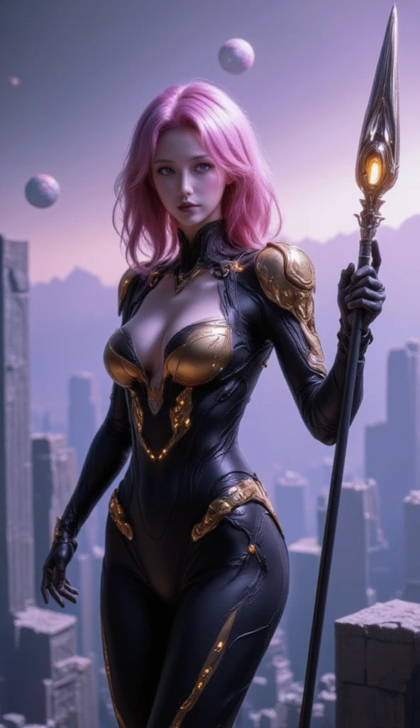 A beautiful, futuristic humanoid woman stands tall, her delicate and harmonious features a perfect blend of humanity and advanced technology. Her skin is smooth and slightly luminescent, with a soft metallic tone reminiscent of pink platinum. Her eyes are large and expressive, with irises that change color depending on the light, surrounded by subtle lines of circuits that resemble precious jewels. Her long, wavy hair shines like it's made of iridescent optical fibers.
She wears light and elegant armor, a combination of black leather and golden metal plates. LED lights run through her body in geometric patterns, adding to her futuristic allure. Her posture is firm yet serene, with one hand extended, displaying a hologram of a planet, while the other holds a futuristic spear resembling an energy rod.
The background features a futuristic cityscape with translucent buildings and flying ships, illuminated by a sky with shades of violet and deep blue. The style of this image is a mix of realism and fantasy, captured in highly detailed futuristic digital art.