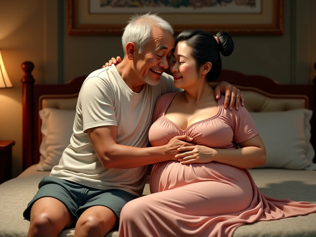 full body, top-quality, masterpiece, (((70 years old korean man and 22 years old bightly smile korean girl couples facing each other))), korean Girl sitting on the bed, (70 years old korean man hugging young girl) , big breasts, girl wear thick grey maxi knit camisole dress, A pregnant girl with a big belly, (big breasts:1.1), in the house, correct hands, (((70 years old korean man wearing white shirt))), (((((old man touching a pregnant young girl's stomach and laughing)))), (((young girl kissing old man))),