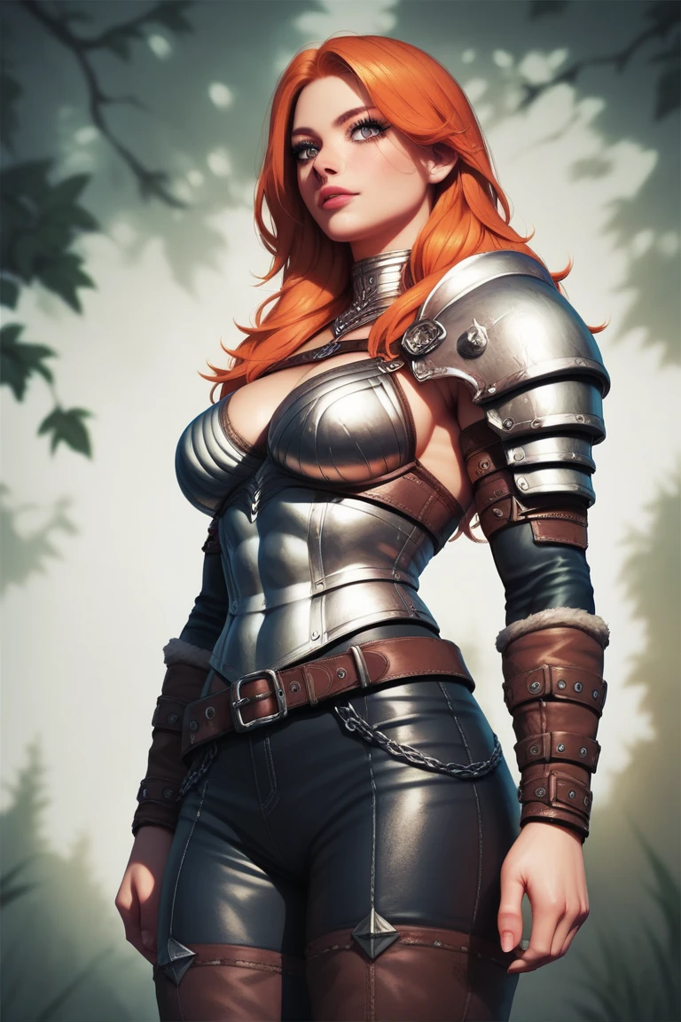 anime, detailed, depth of field, ginger hair barbarian female baarbara, dressed, leather armor, fur pants,  highly detailed eyes) ; outdoor