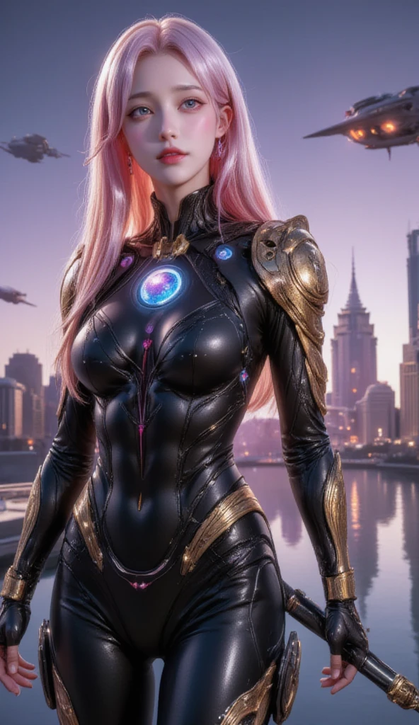 A beautiful, futuristic humanoid woman stands tall, her delicate and harmonious features a perfect blend of humanity and advanced technology. Her skin is smooth and slightly luminescent, with a soft metallic tone reminiscent of pink platinum. Her eyes are large and expressive, with irises that change color depending on the light, surrounded by subtle lines of circuits that resemble precious jewels. Her long, wavy hair shines like it's made of iridescent optical fibers.
She wears light and elegant armor, a combination of black leather and golden metal plates. LED lights run through her body in geometric patterns, adding to her futuristic allure. Her posture is firm yet serene, with one hand extended, displaying a hologram of a planet, while the other holds a futuristic spear resembling an energy rod.
The background features a futuristic cityscape with translucent buildings and flying ships, illuminated by a sky with shades of violet and deep blue. The style of this image is a mix of realism and fantasy, captured in highly detailed futuristic digital art.