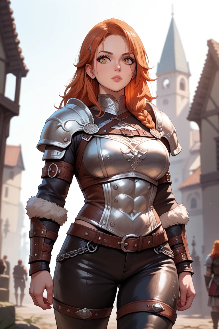 anime, detailed, depth of field, ginger hair barbarian female baarbara, dressed, leather armor, fur pants,  highly detailed eyes) ; outdoor