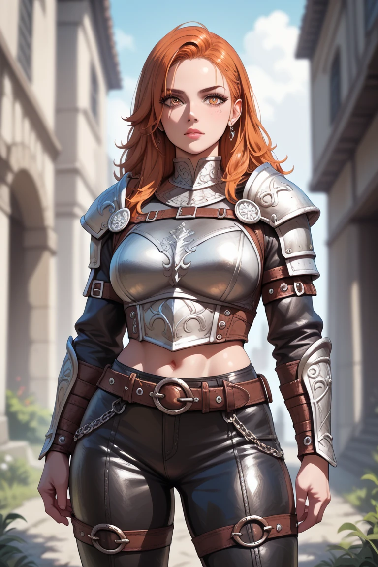 anime, detailed, depth of field, ginger hair barbarian female baarbara, dressed, leather armor, fur pants,  highly detailed eyes) ; outdoor